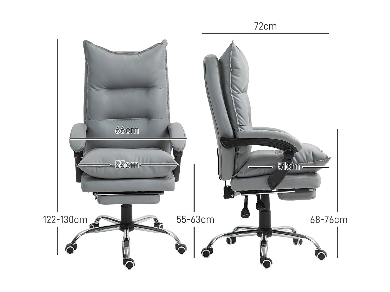 Fauteuil de bureau inclinable, ergonomique, simili cuir gris clair, repose-pieds, réglable (66x72x122-130cm)