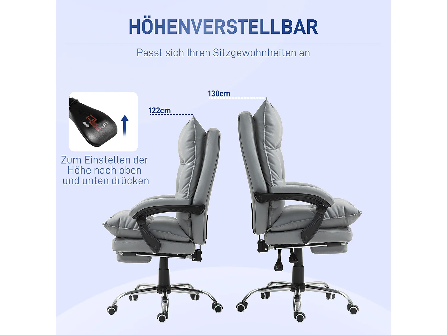 Fauteuil de bureau inclinable, ergonomique, simili cuir gris clair, repose-pieds, réglable (66x72x122-130cm)