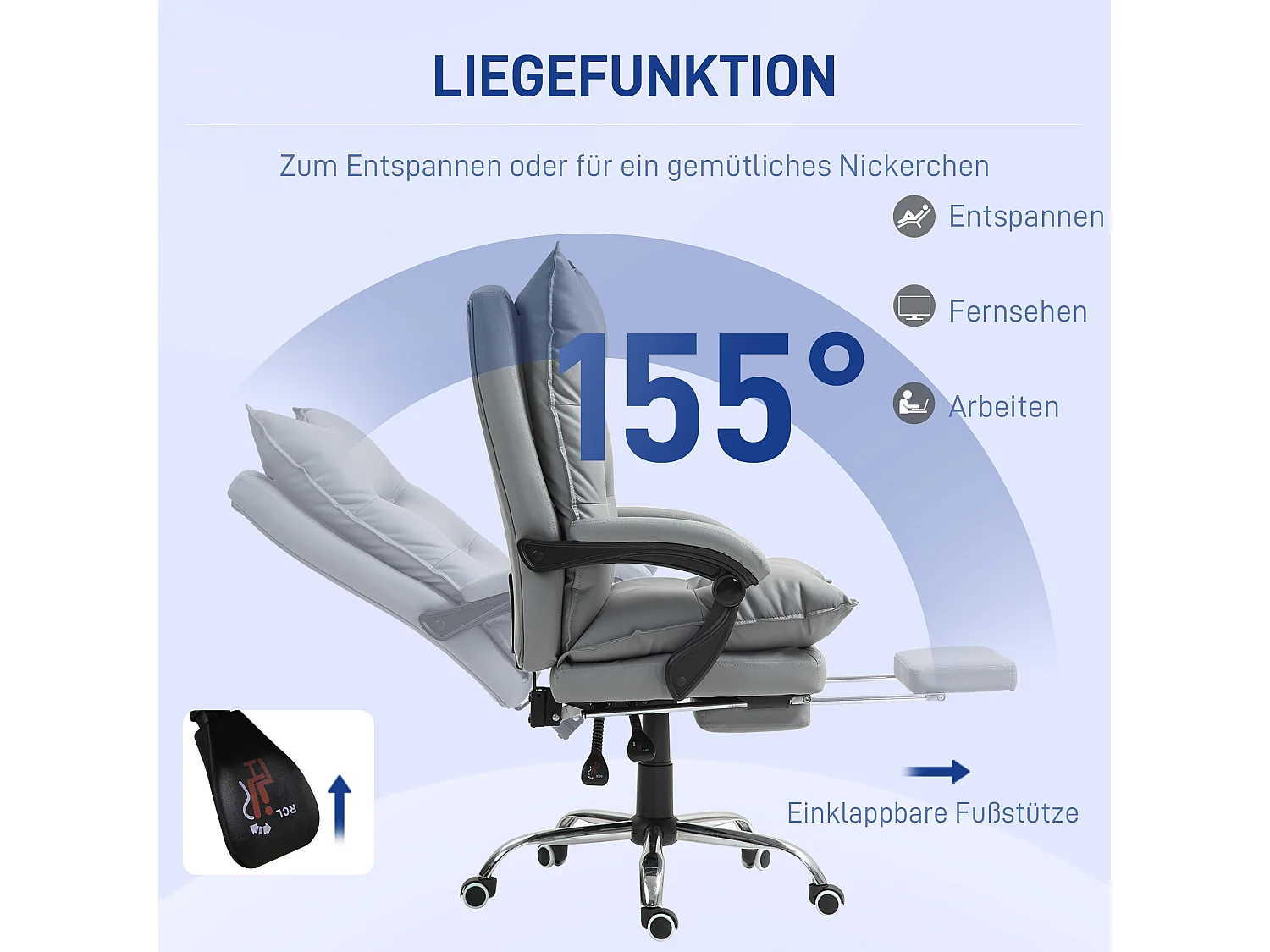 Fauteuil de bureau inclinable, ergonomique, simili cuir gris clair, repose-pieds, réglable (66x72x122-130cm)