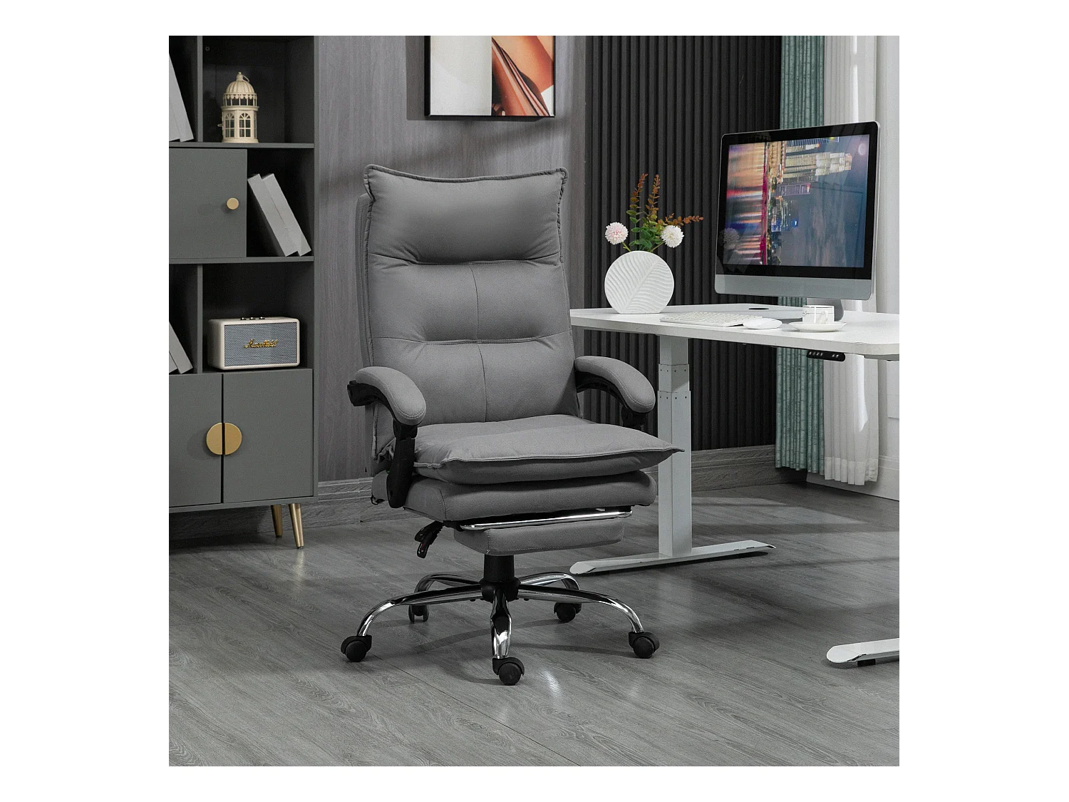 Fauteuil de bureau avec massage, fonction inclinable, réglable en hauteur, tissu en polyester, gris (66x74x121.5 cm)