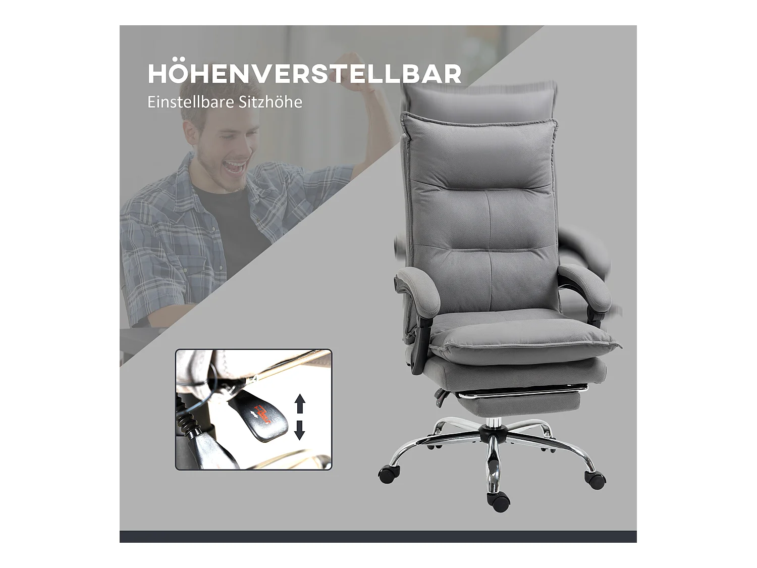 Fauteuil de bureau avec massage, fonction inclinable, réglable en hauteur, tissu en polyester, gris (66x74x121.5 cm)