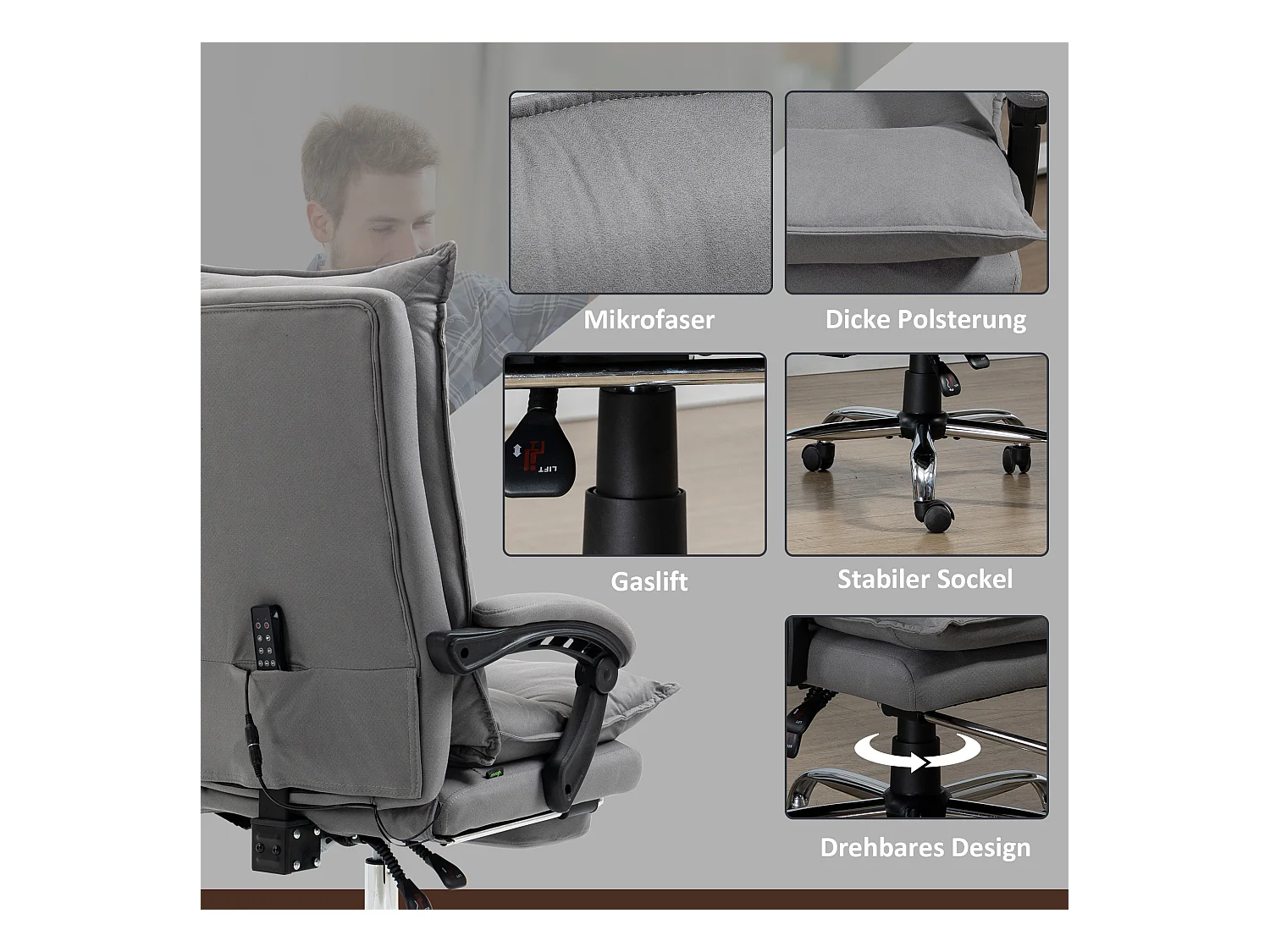 Fauteuil de bureau avec massage, fonction inclinable, réglable en hauteur, tissu en polyester, gris (66x74x121.5 cm)