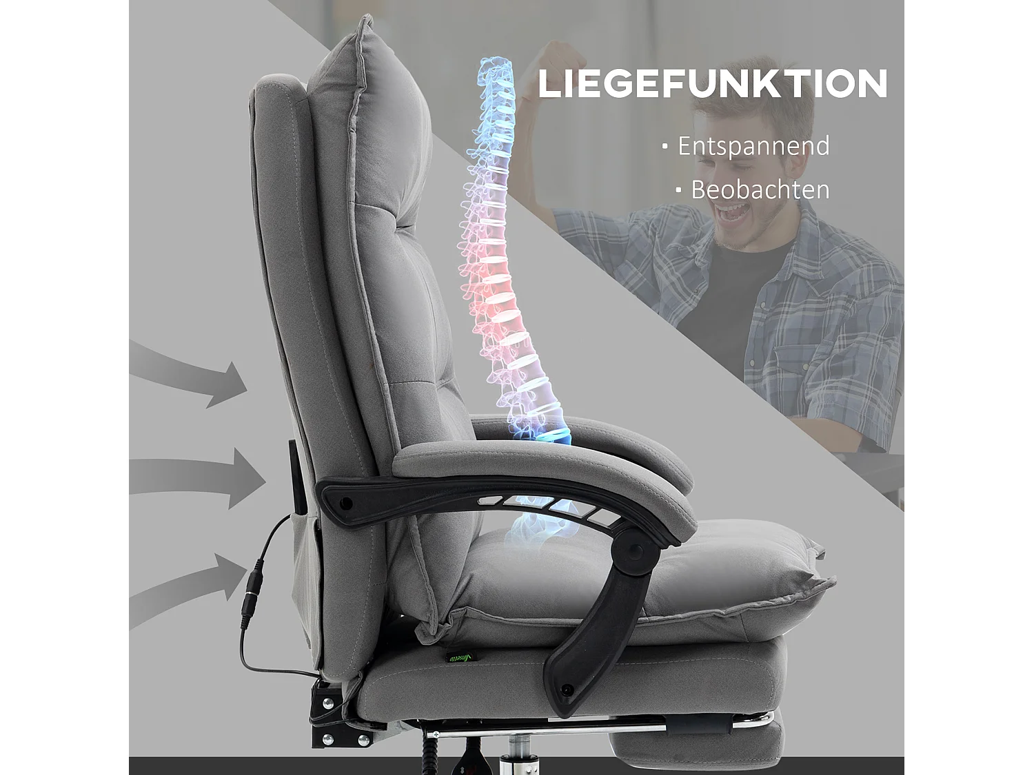 Fauteuil de bureau avec massage, fonction inclinable, réglable en hauteur, tissu en polyester, gris (66x74x121.5 cm)