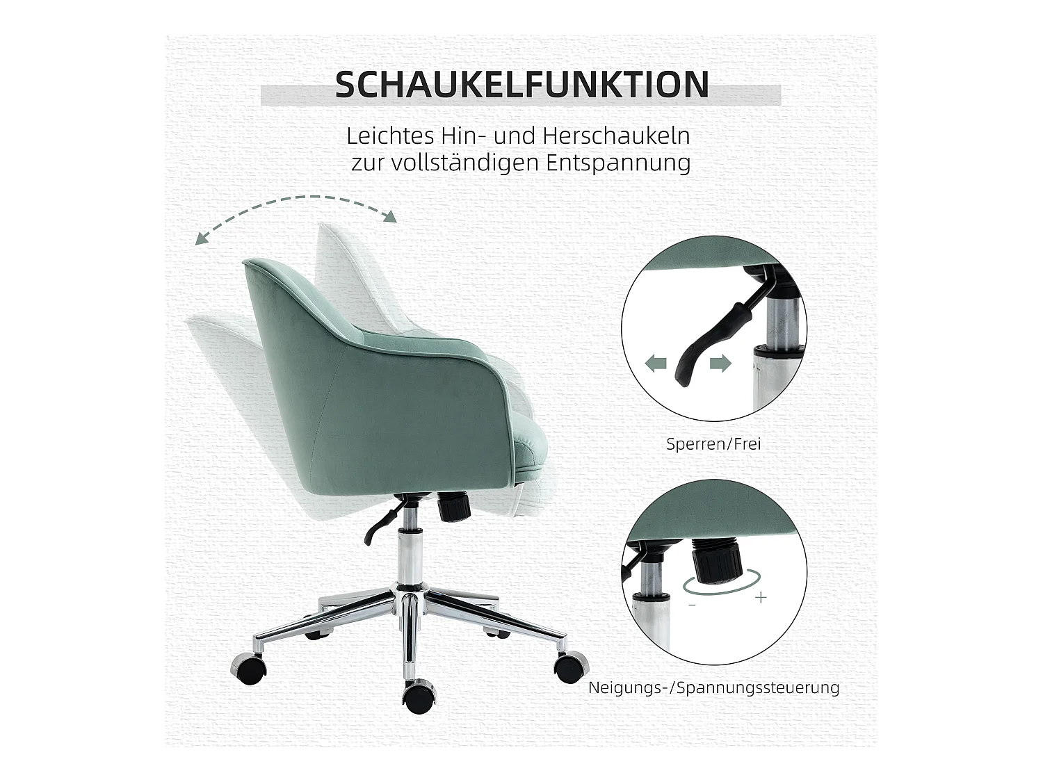 Fauteuil de bureau rétro, hauteur réglable, fonction bascule, nylon vert (61x59x80.5-90.5cm)