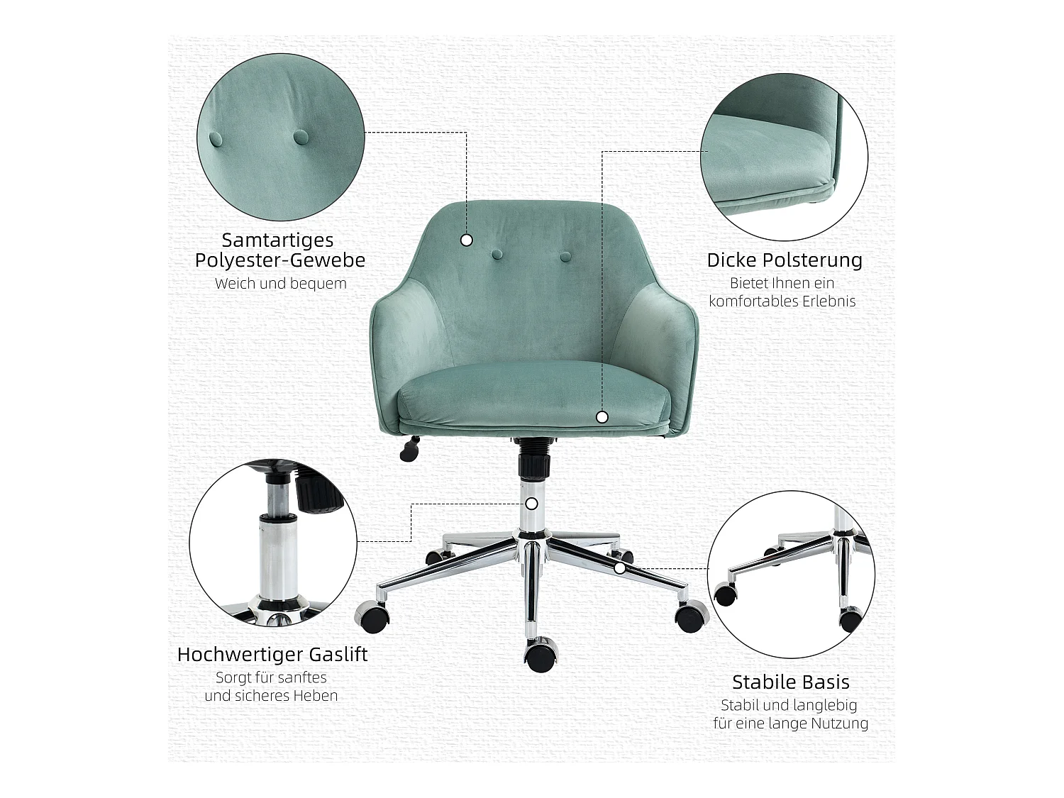 Fauteuil de bureau rétro, hauteur réglable, fonction bascule, nylon vert (61x59x80.5-90.5cm)