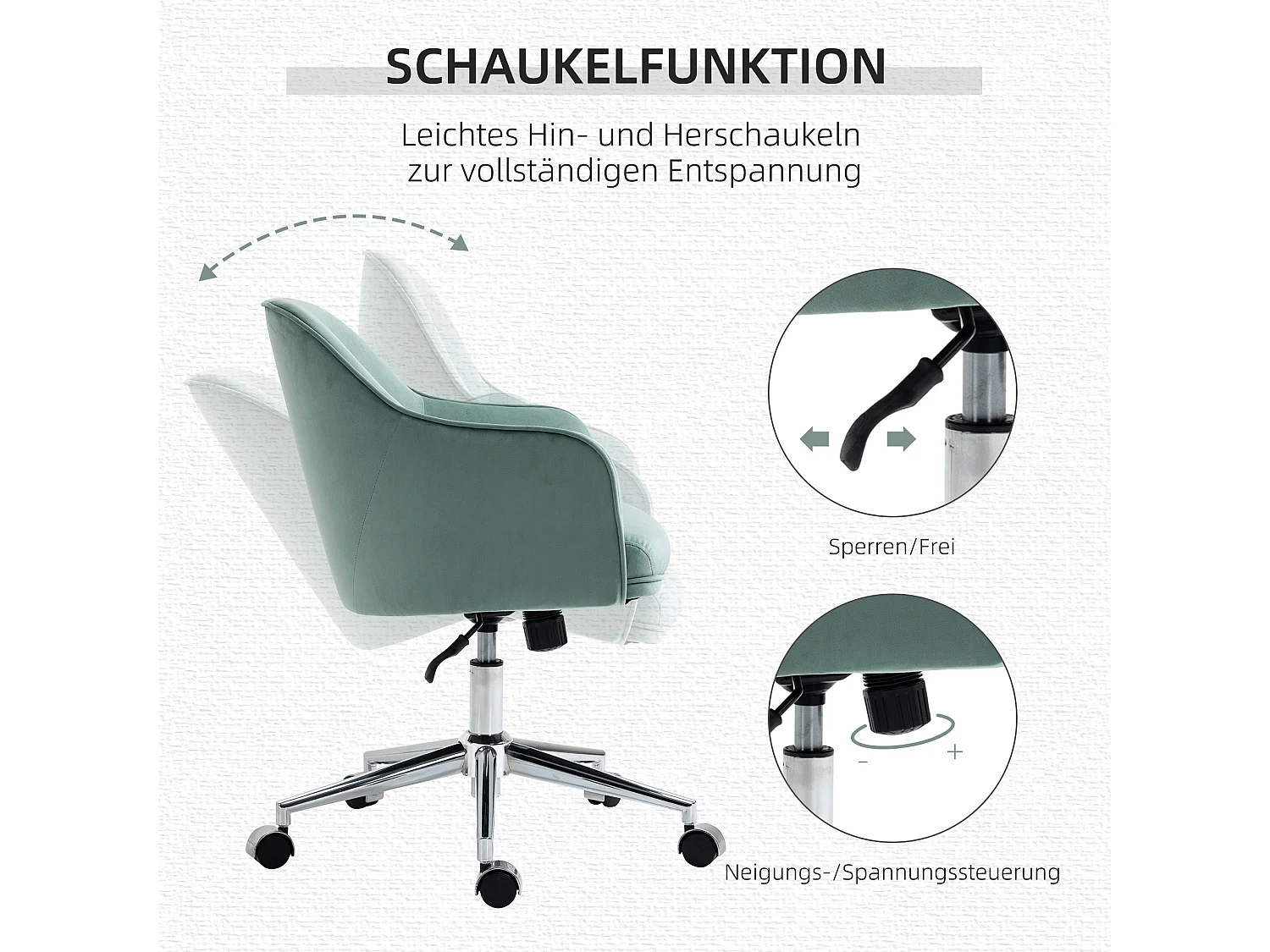Fauteuil de bureau rétro, hauteur réglable, fonction bascule, nylon vert (61x59x80.5-90.5cm)
