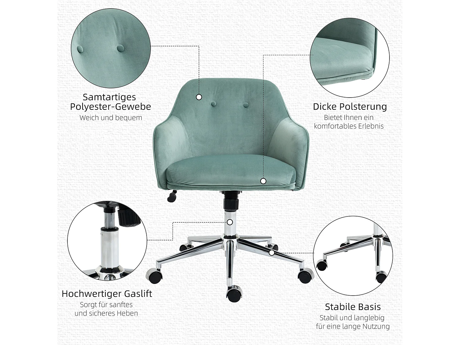 Fauteuil de bureau rétro, hauteur réglable, fonction bascule, nylon vert (61x59x80.5-90.5cm)
