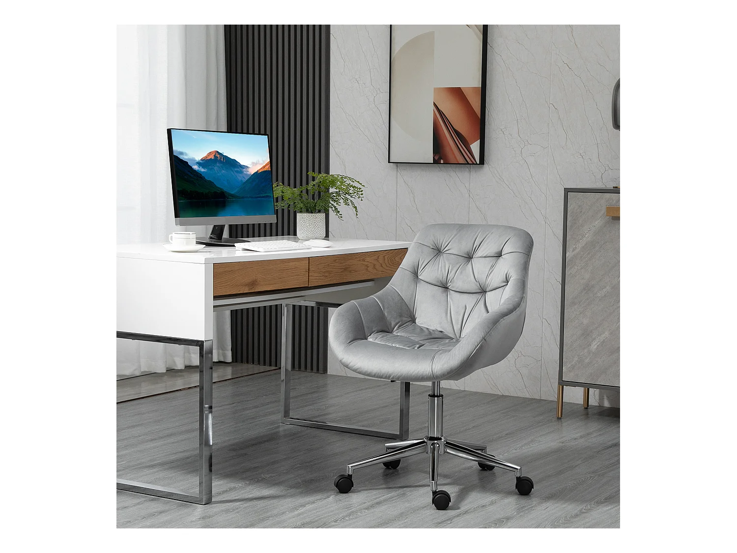 Fauteuil de bureau compact, réglable en hauteur, velours, ergonomique, gris (59x58x80-90cm)