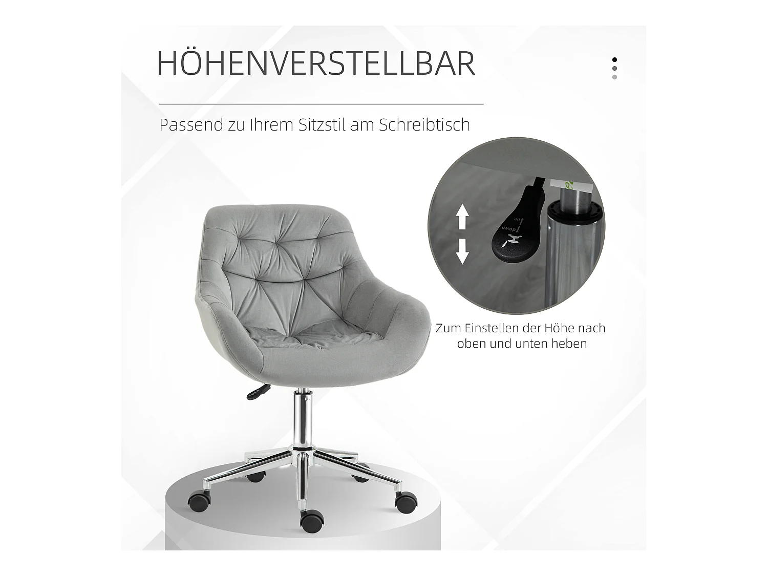 Fauteuil de bureau compact, réglable en hauteur, velours, ergonomique, gris (59x58x80-90cm)