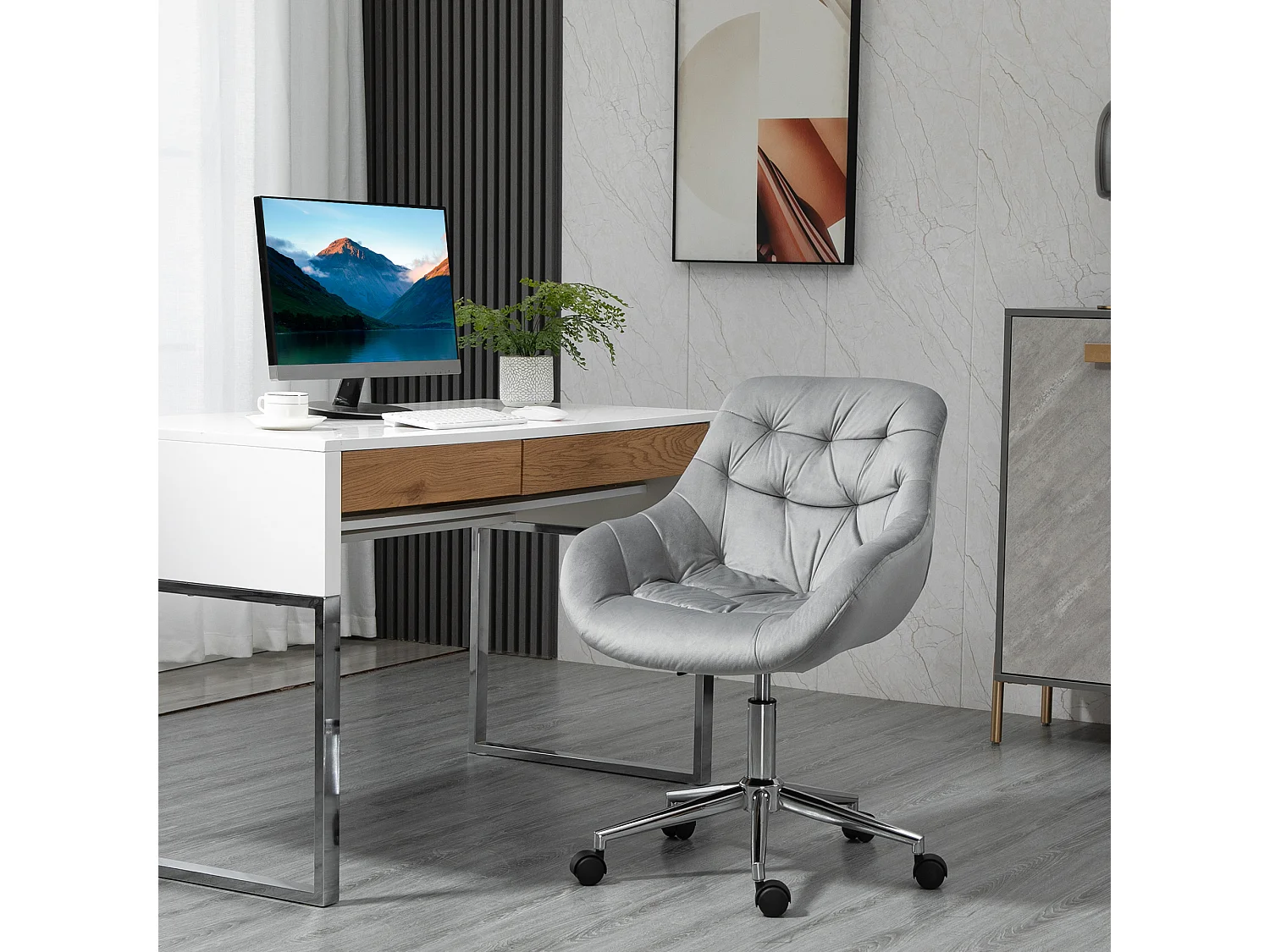 Fauteuil de bureau compact, réglable en hauteur, velours, ergonomique, gris (59x58x80-90cm)
