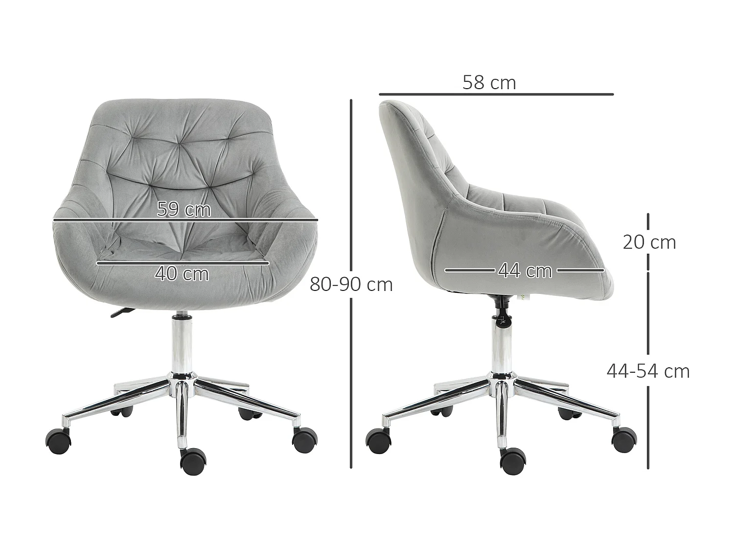 Fauteuil de bureau compact, réglable en hauteur, velours, ergonomique, gris (59x58x80-90cm)