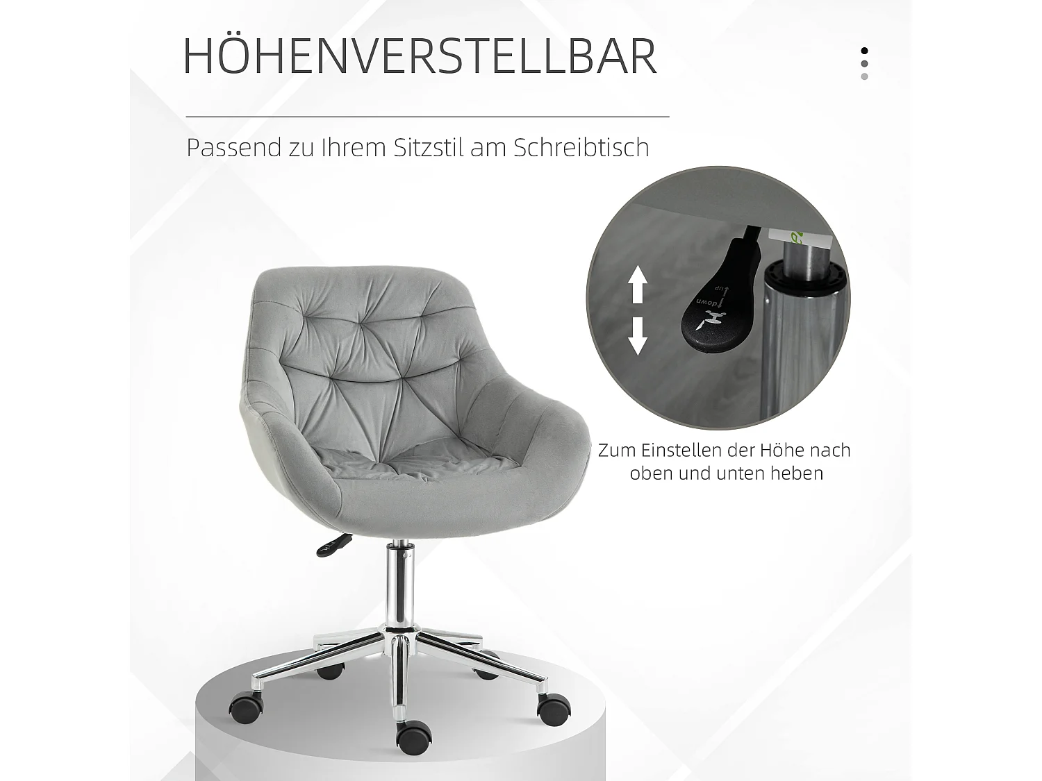 Fauteuil de bureau compact, réglable en hauteur, velours, ergonomique, gris (59x58x80-90cm)