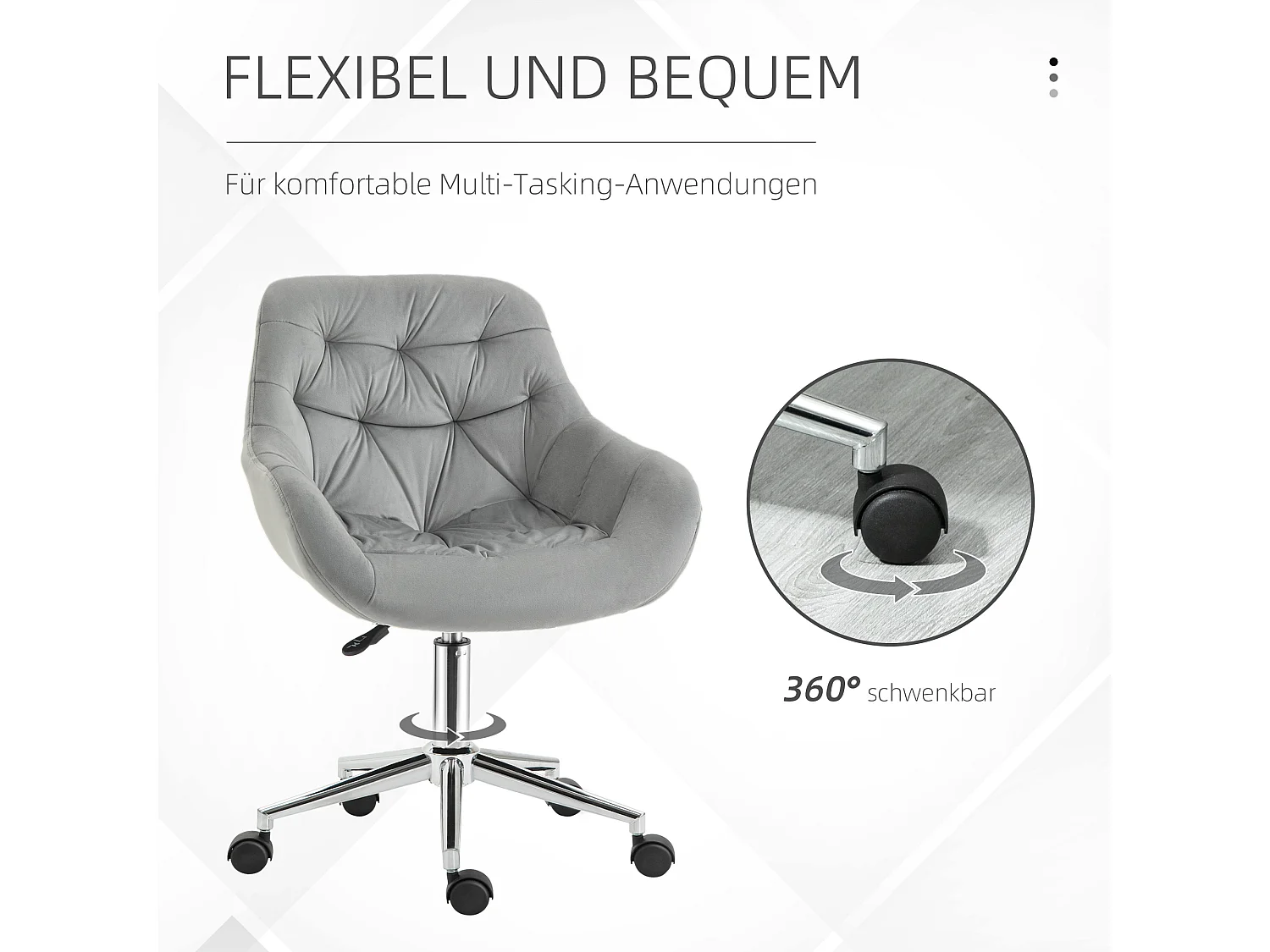 Fauteuil de bureau compact, réglable en hauteur, velours, ergonomique, gris (59x58x80-90cm)