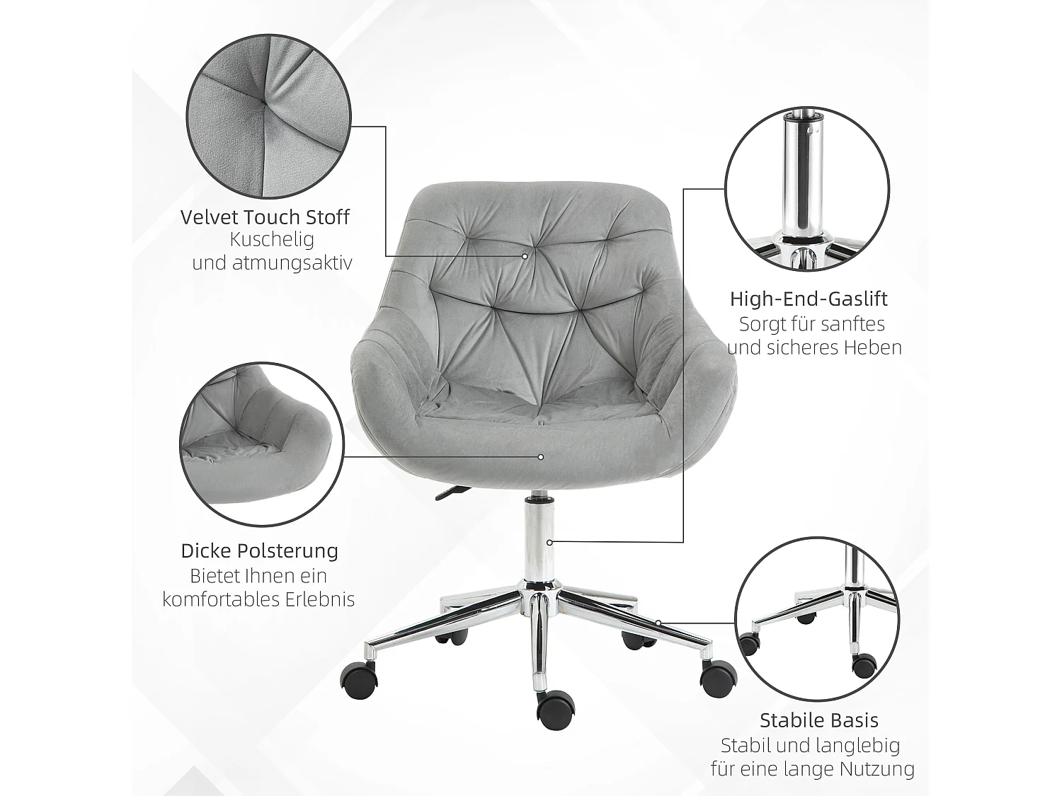 Fauteuil de bureau compact, réglable en hauteur, velours, ergonomique, gris (59x58x80-90cm)