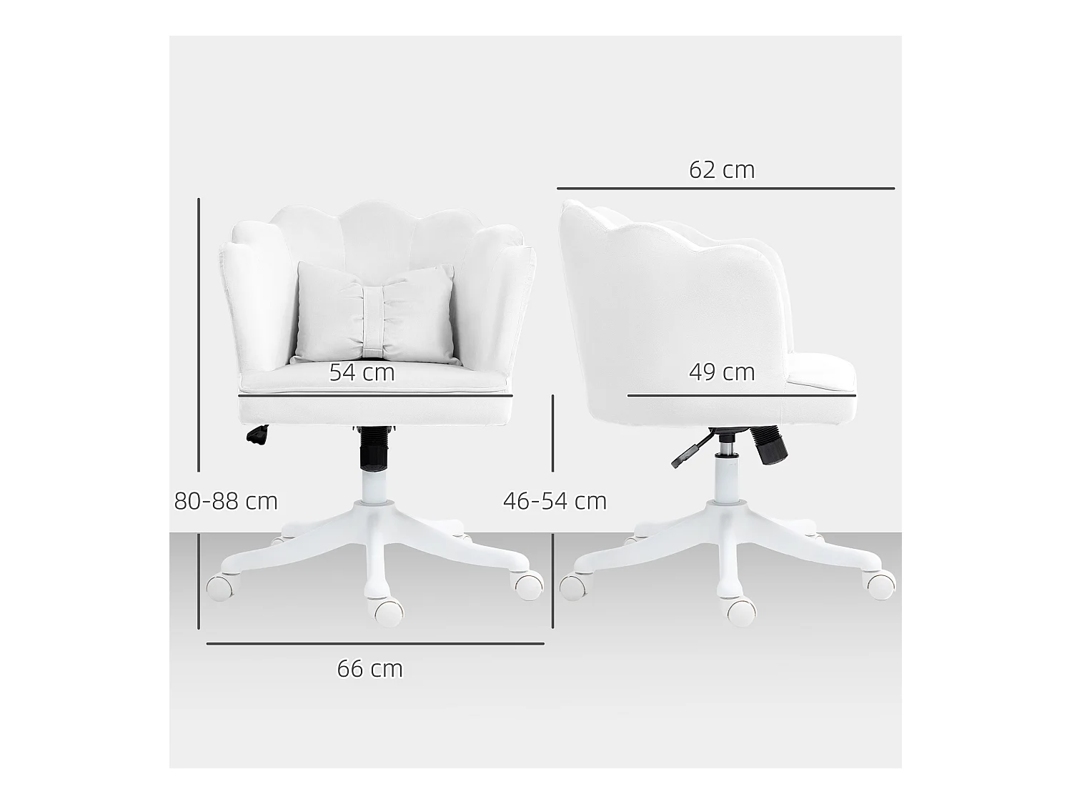 Chaise de bureau avec accoudoirs, design ergonomique, revêtement en velours, réglable en hauteur, fonction bascule, blanc (66x62x88 cm)