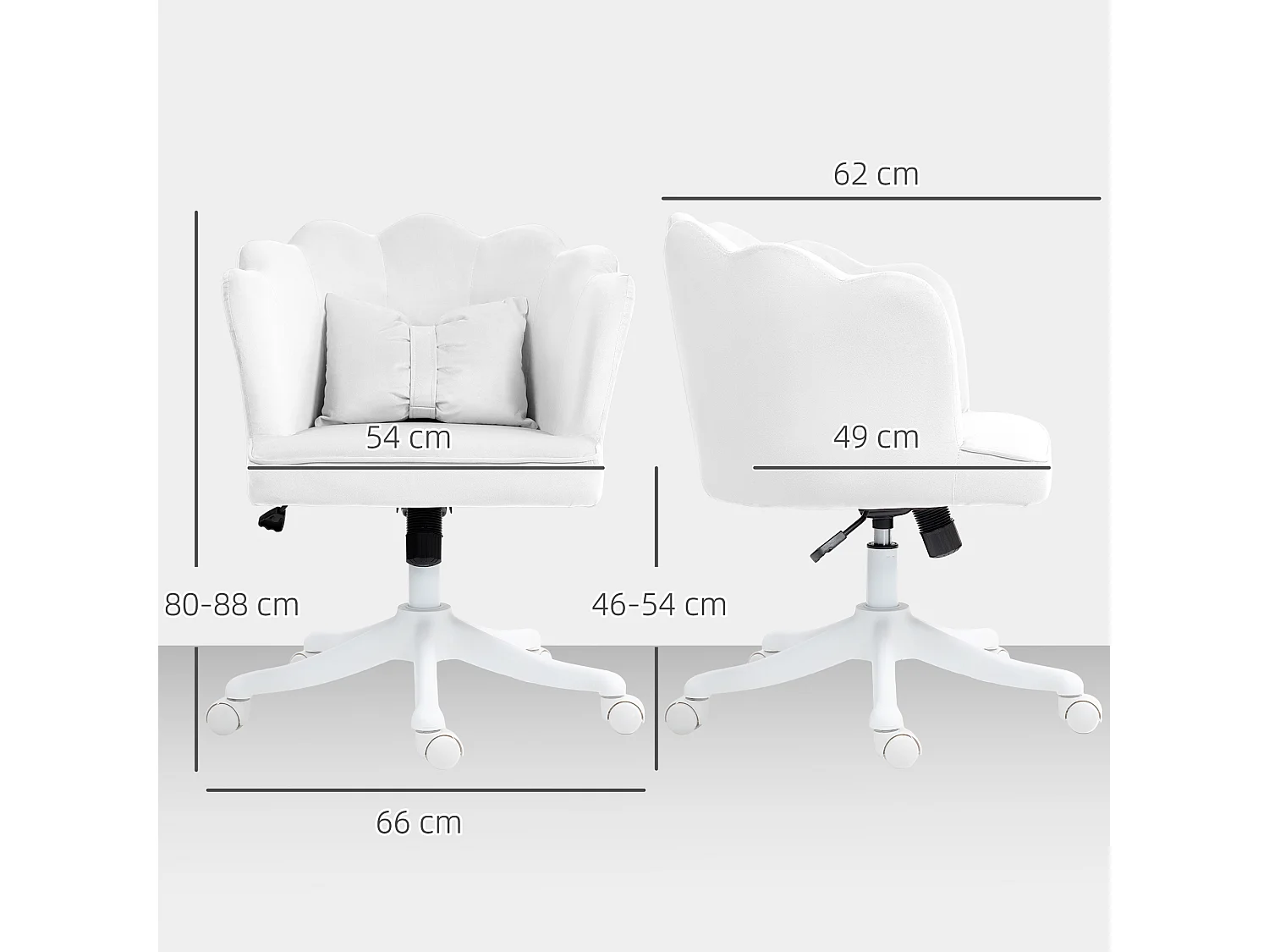 Silla de oficina con reposabrazos, diseño ergonómico, tapizado de terciopelo, altura regulable, función balancín, color blanco (66x62x88 cm)