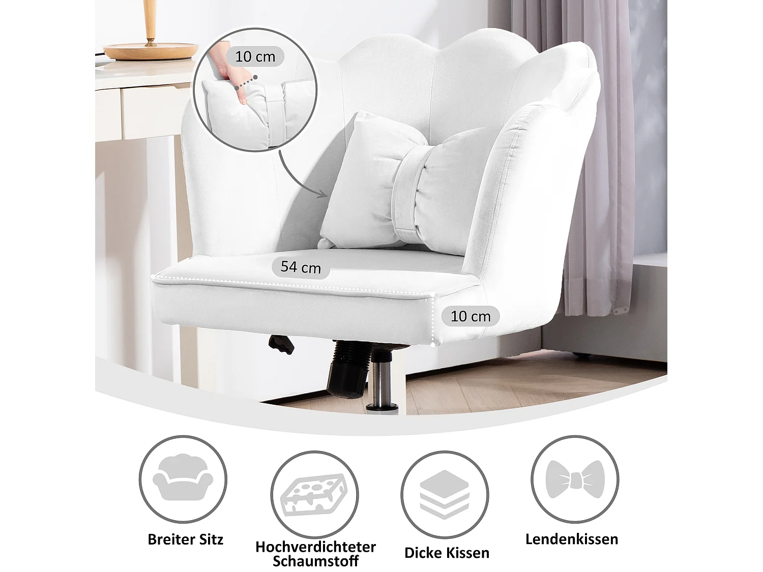 Silla de oficina con reposabrazos, diseño ergonómico, tapizado de terciopelo, altura regulable, función balancín, color blanco (66x62x88 cm)