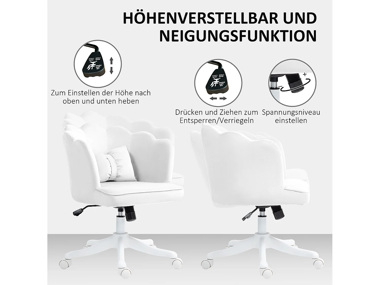 Silla de oficina con reposabrazos, diseño ergonómico, tapizado de terciopelo, altura regulable, función balancín, color blanco (66x62x88 cm)