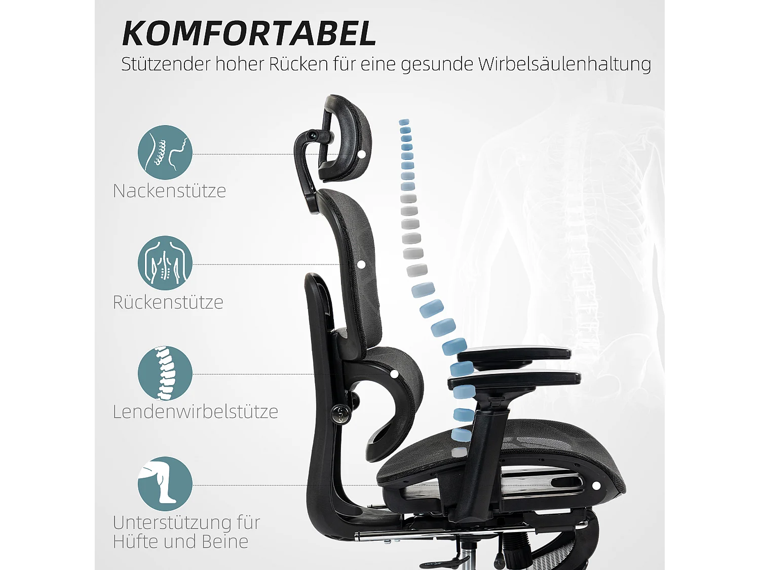 Chaise de bureau ergonomique avec support lombaire, appui-tête, accoudoirs, tissu mesh, noir (66x64x122 cm)