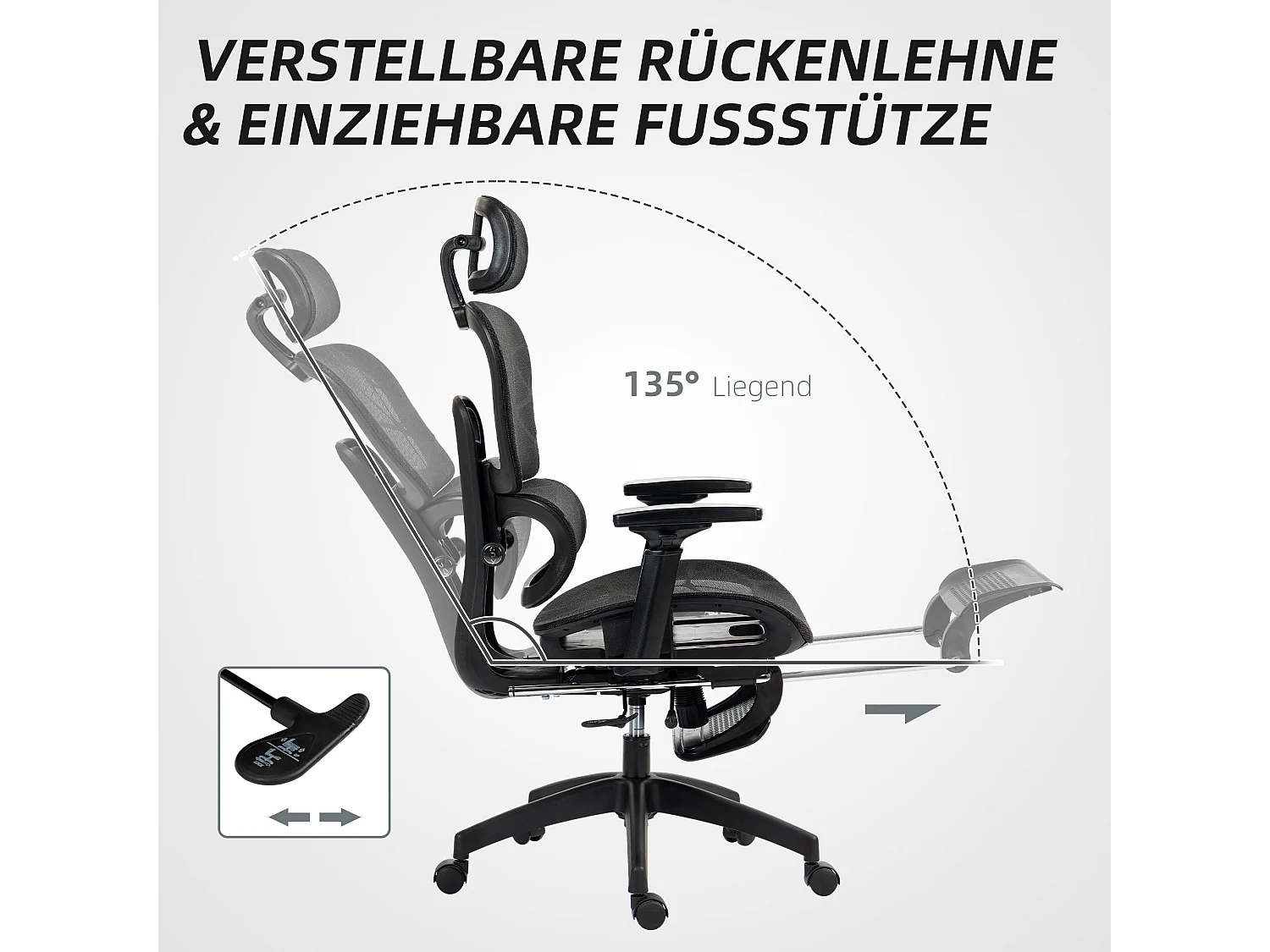 Chaise de bureau ergonomique avec support lombaire, appui-tête, accoudoirs, tissu mesh, noir (66x64x122 cm)