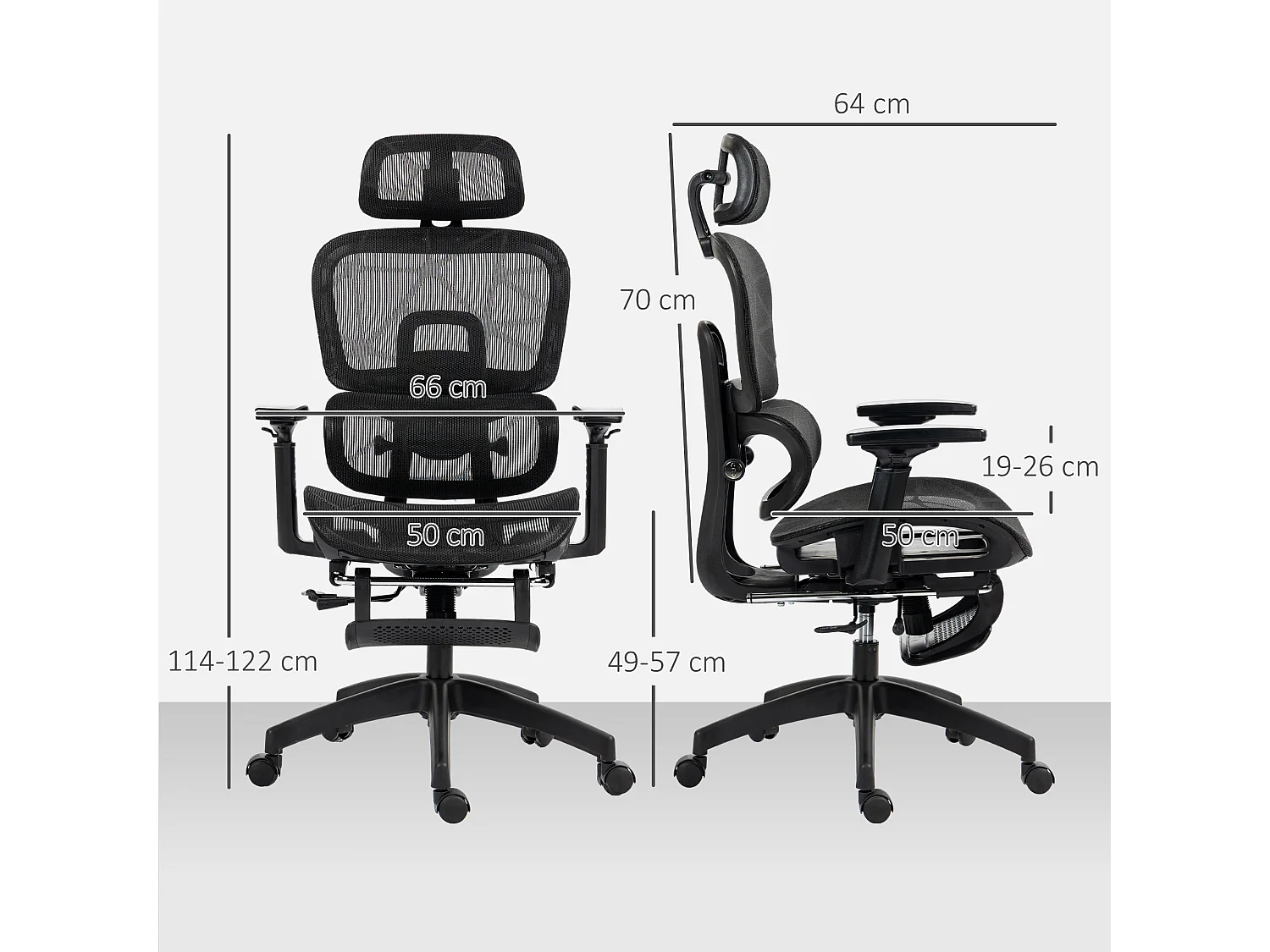 Chaise de bureau ergonomique avec support lombaire, appui-tête, accoudoirs, tissu mesh, noir (66x64x122 cm)