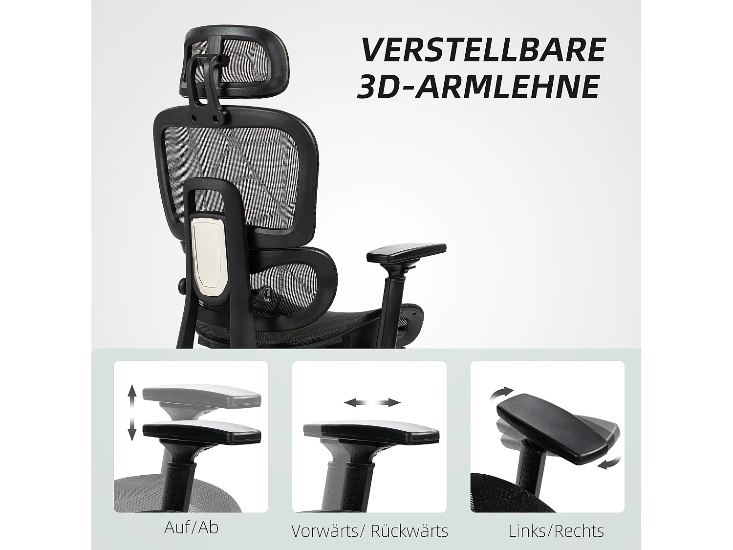 Chaise de bureau ergonomique avec support lombaire, appui-tête, accoudoirs, tissu mesh, noir (66x64x122 cm)