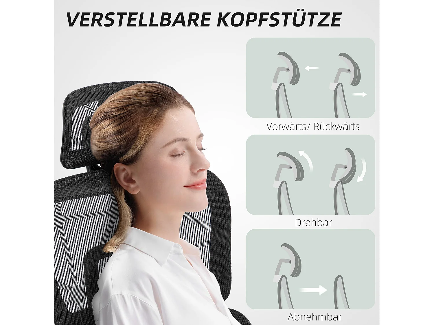 Chaise de bureau ergonomique avec support lombaire, appui-tête, accoudoirs, tissu mesh, noir (66x64x122 cm)