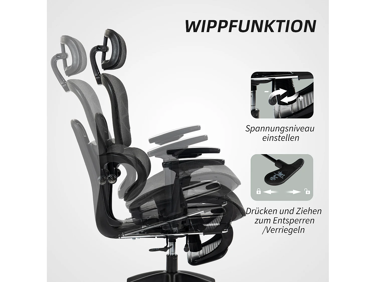 Chaise de bureau ergonomique avec support lombaire, appui-tête, accoudoirs, tissu mesh, noir (66x64x122 cm)