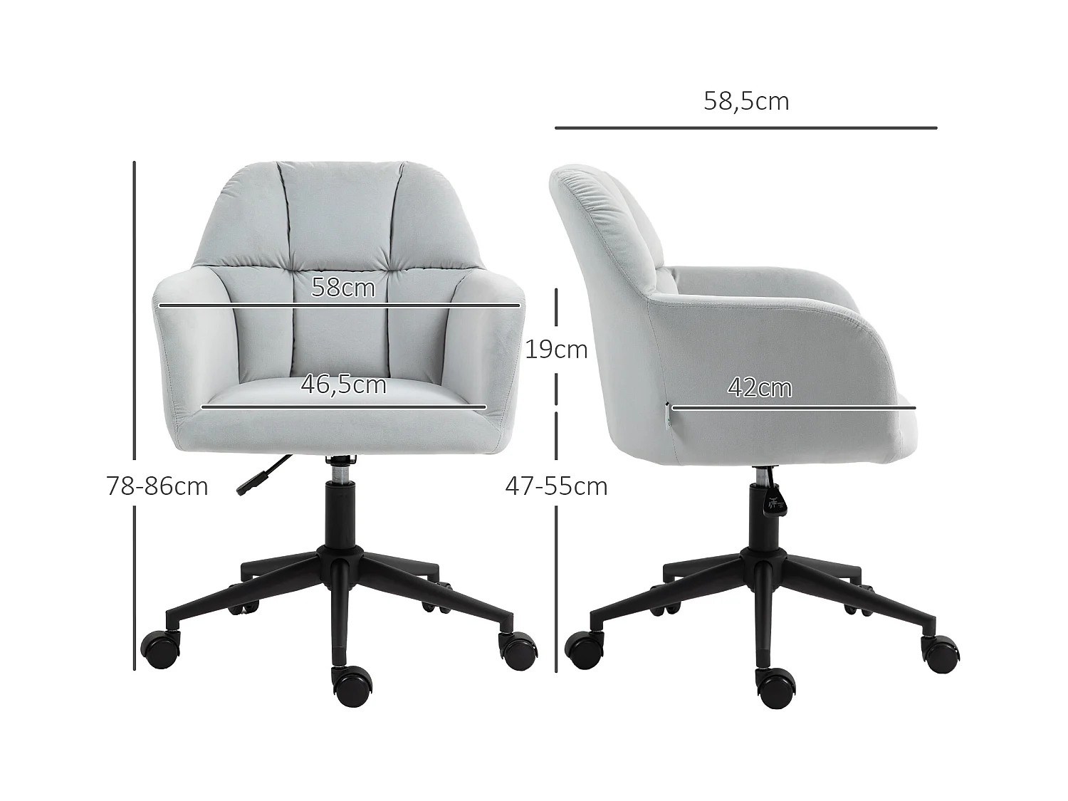 Chaise de bureau pivotante, réglable en hauteur, en velours, gris clair (58x58.5x78-86 cm)