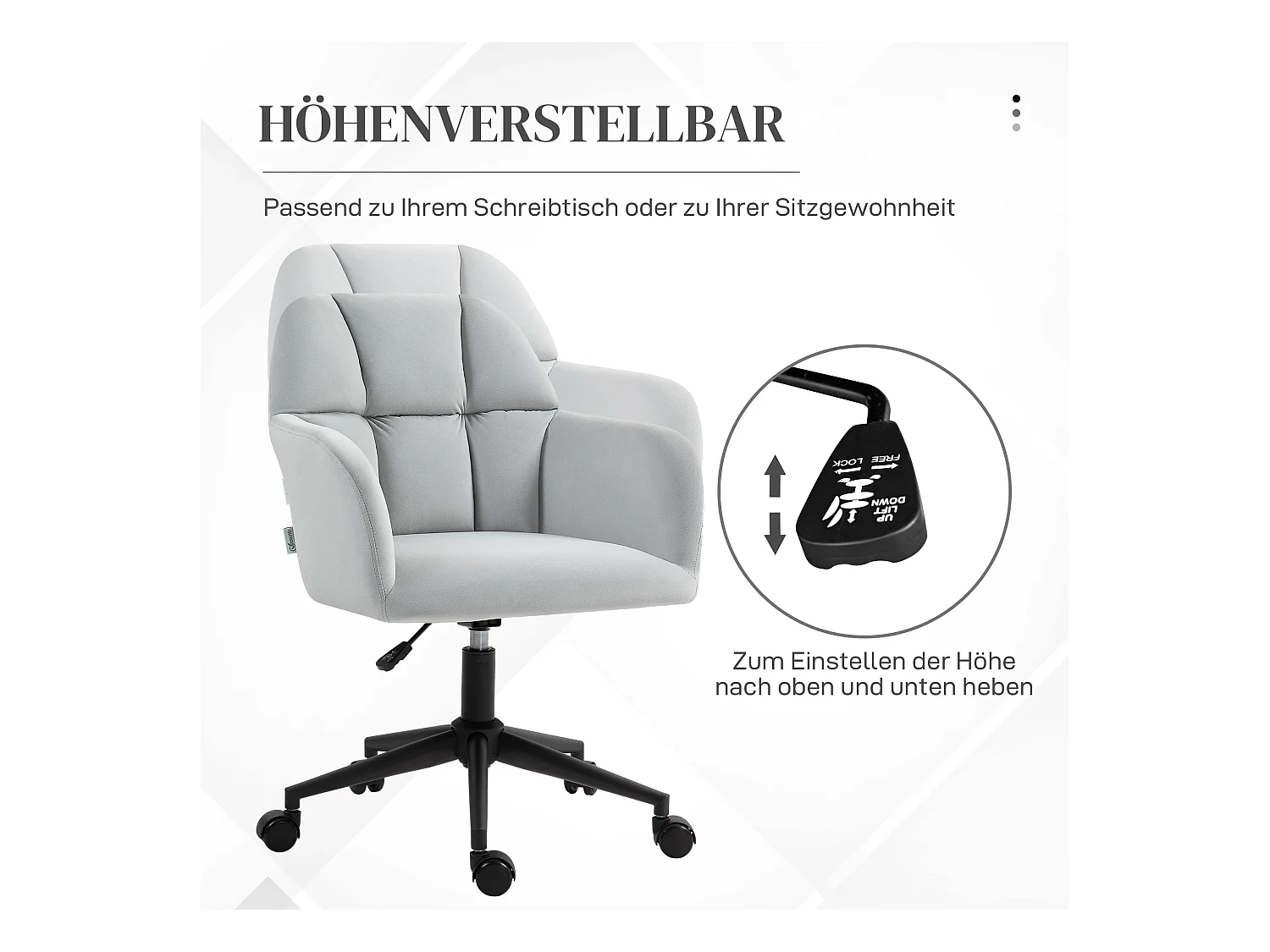 Chaise de bureau pivotante, réglable en hauteur, en velours, gris clair (58x58.5x78-86 cm)