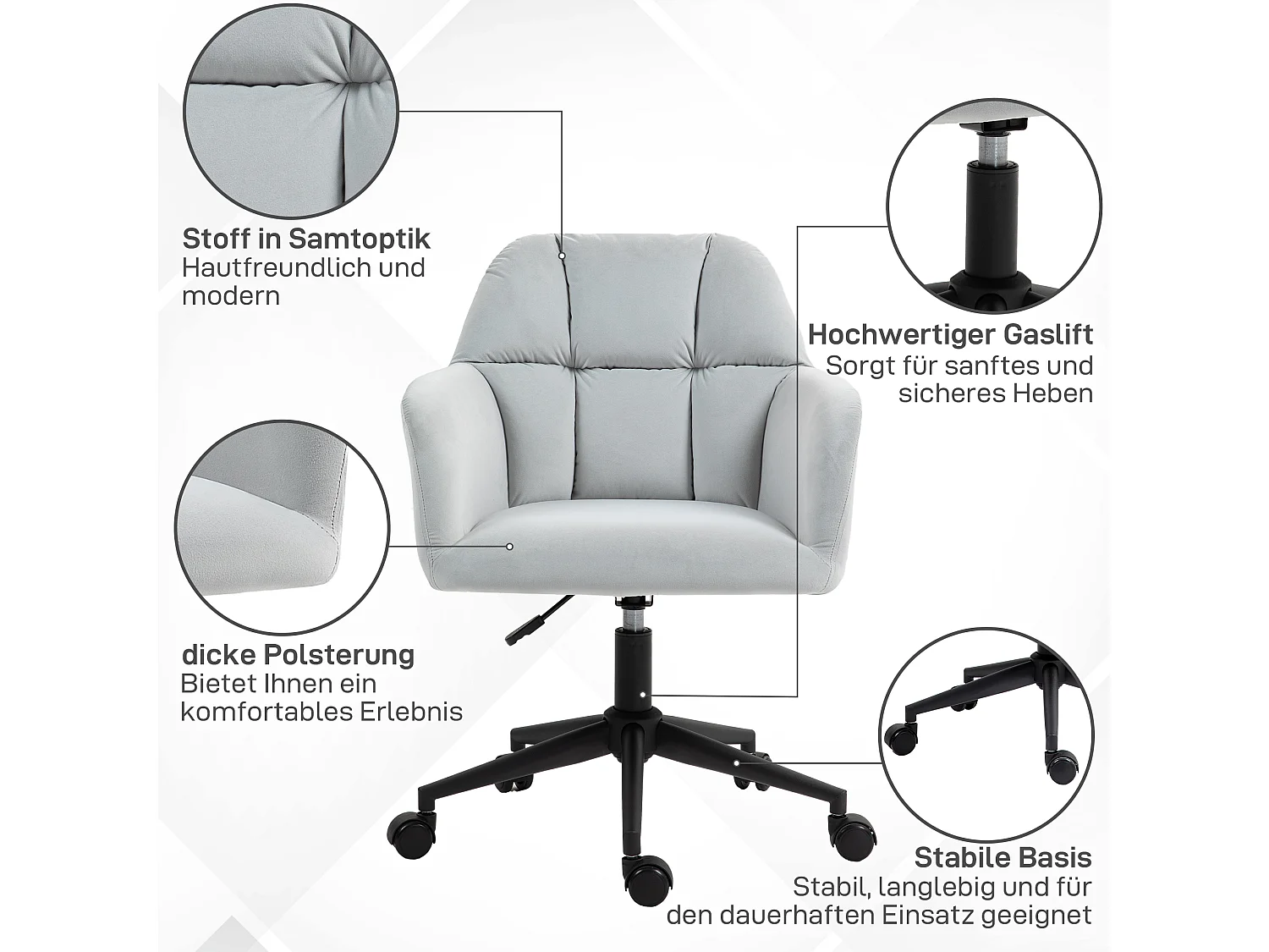 Chaise de bureau pivotante, réglable en hauteur, en velours, gris clair (58x58.5x78-86 cm)