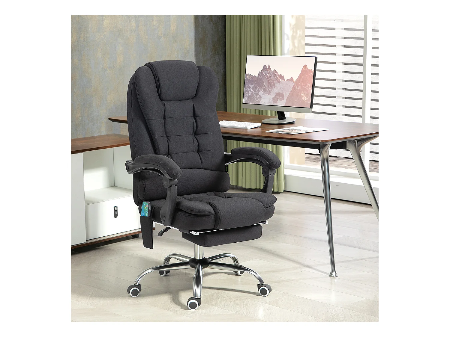 Chaise de bureau ergonomique avec fonction massage et chaleur, réglable, en polyester, noir (65x70x119 cm)