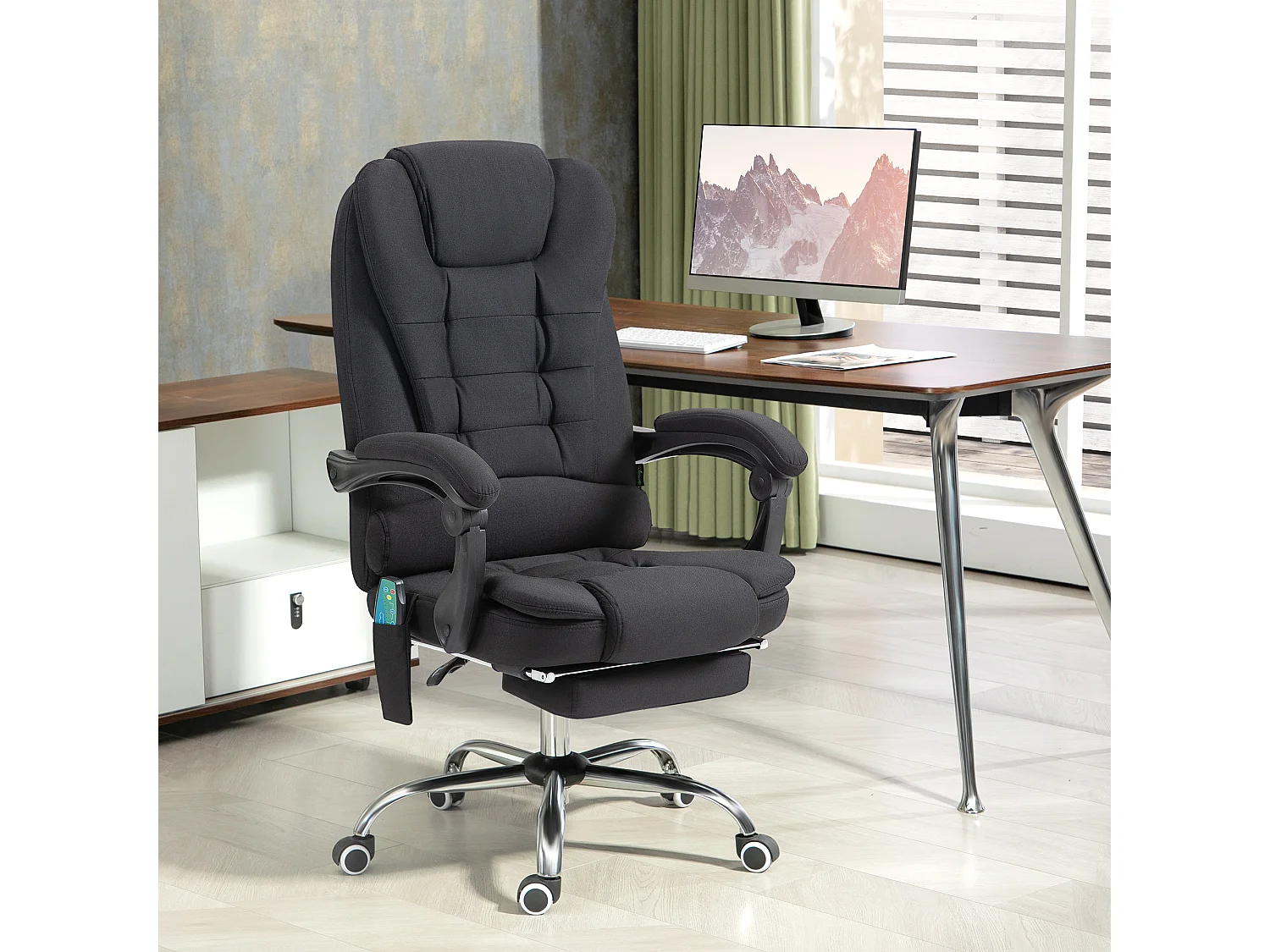 Chaise de bureau ergonomique avec fonction massage et chaleur, réglable, en polyester, noir (65x70x119 cm)