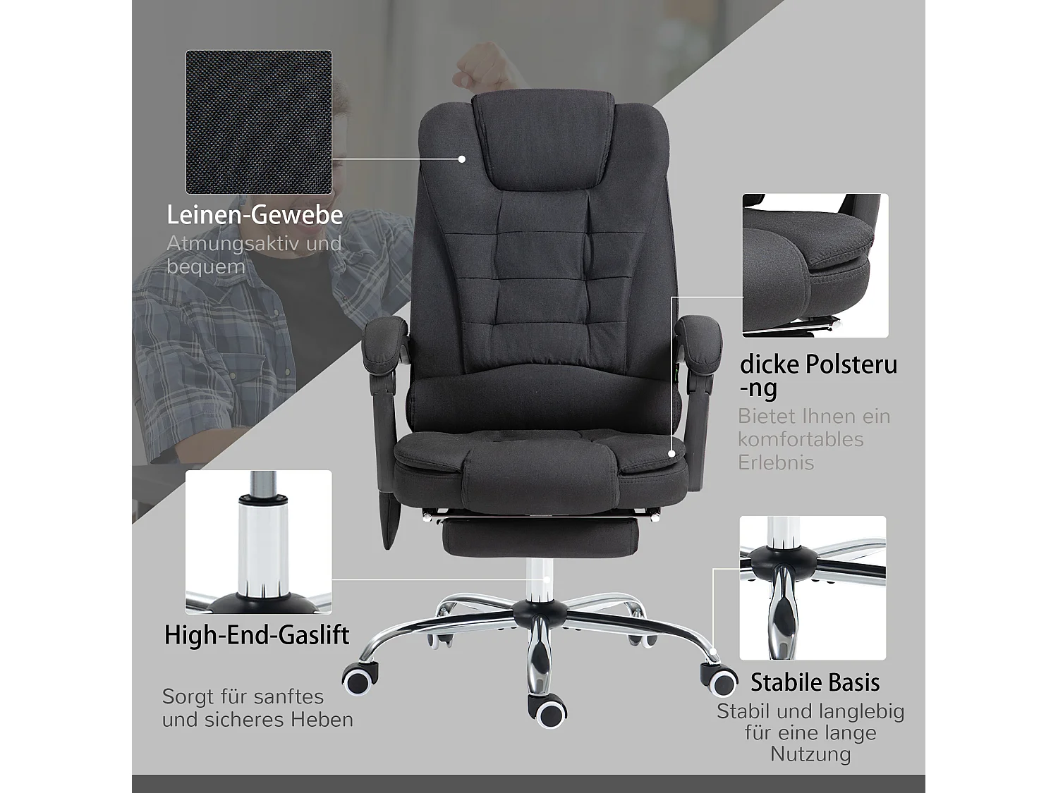 Chaise de bureau ergonomique avec fonction massage et chaleur, réglable, en polyester, noir (65x70x119 cm)