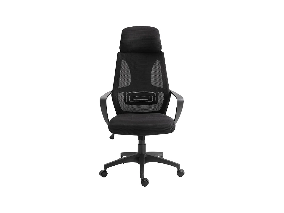 Bureau ergonomique avec appui-tête et soutien lombaire, fauteuil de bureau pivotant réglable en hauteur, tissu en polyester, noir (64x55x126 cm)