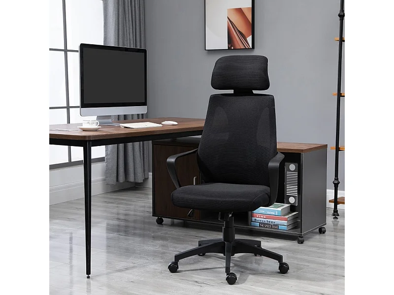 Bureau ergonomique avec appui-tête et soutien lombaire, fauteuil de bureau pivotant réglable en hauteur, tissu en polyester, noir (64x55x126 cm)