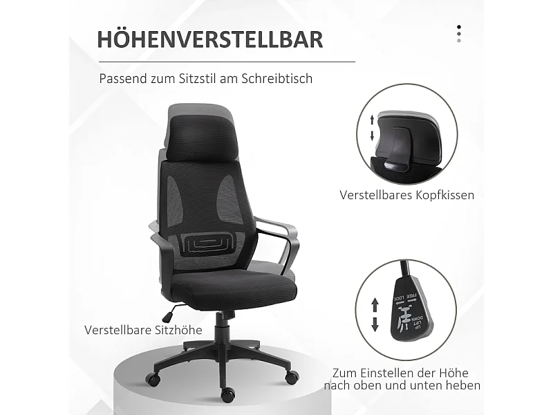 Bureau ergonomique avec appui-tête et soutien lombaire, fauteuil de bureau pivotant réglable en hauteur, tissu en polyester, noir (64x55x126 cm)