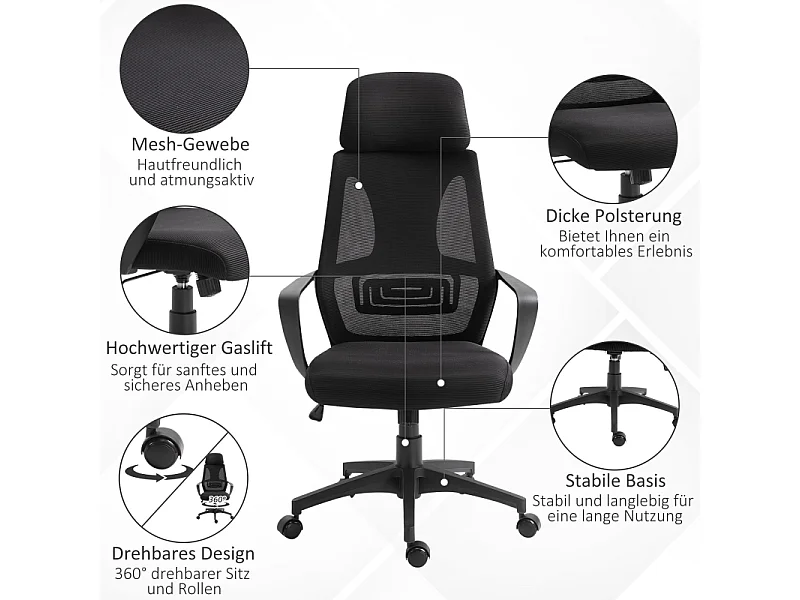 Bureau ergonomique avec appui-tête et soutien lombaire, fauteuil de bureau pivotant réglable en hauteur, tissu en polyester, noir (64x55x126 cm)