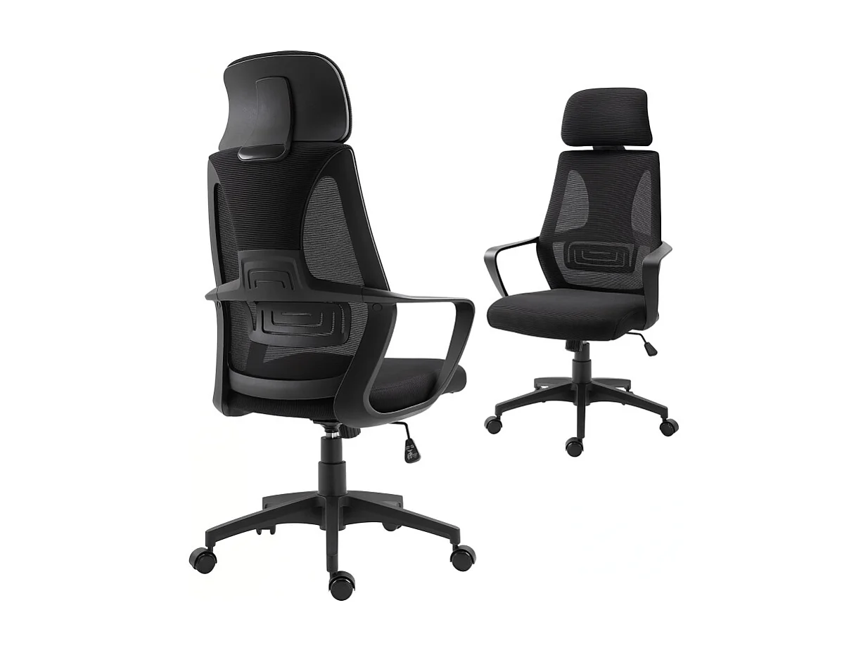 Bureau ergonomique avec appui-tête et soutien lombaire, fauteuil de bureau pivotant réglable en hauteur, tissu en polyester, noir (64x55x126 cm)