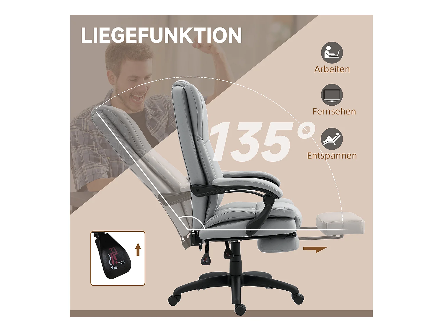 Fauteuil de bureau avec massage, fonction inclinable, réglable en hauteur, cuir synthétique, gris clair (68.5x68.5x121 cm)