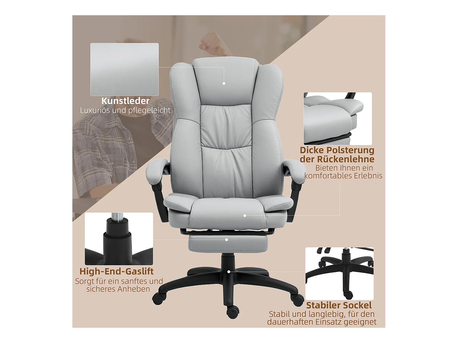 Fauteuil de bureau avec massage, fonction inclinable, réglable en hauteur, cuir synthétique, gris clair (68.5x68.5x121 cm)