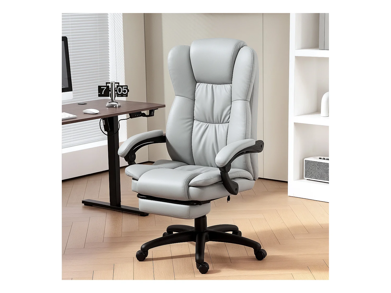 Fauteuil de bureau avec massage, fonction inclinable, réglable en hauteur, cuir synthétique, gris clair (68.5x68.5x121 cm)