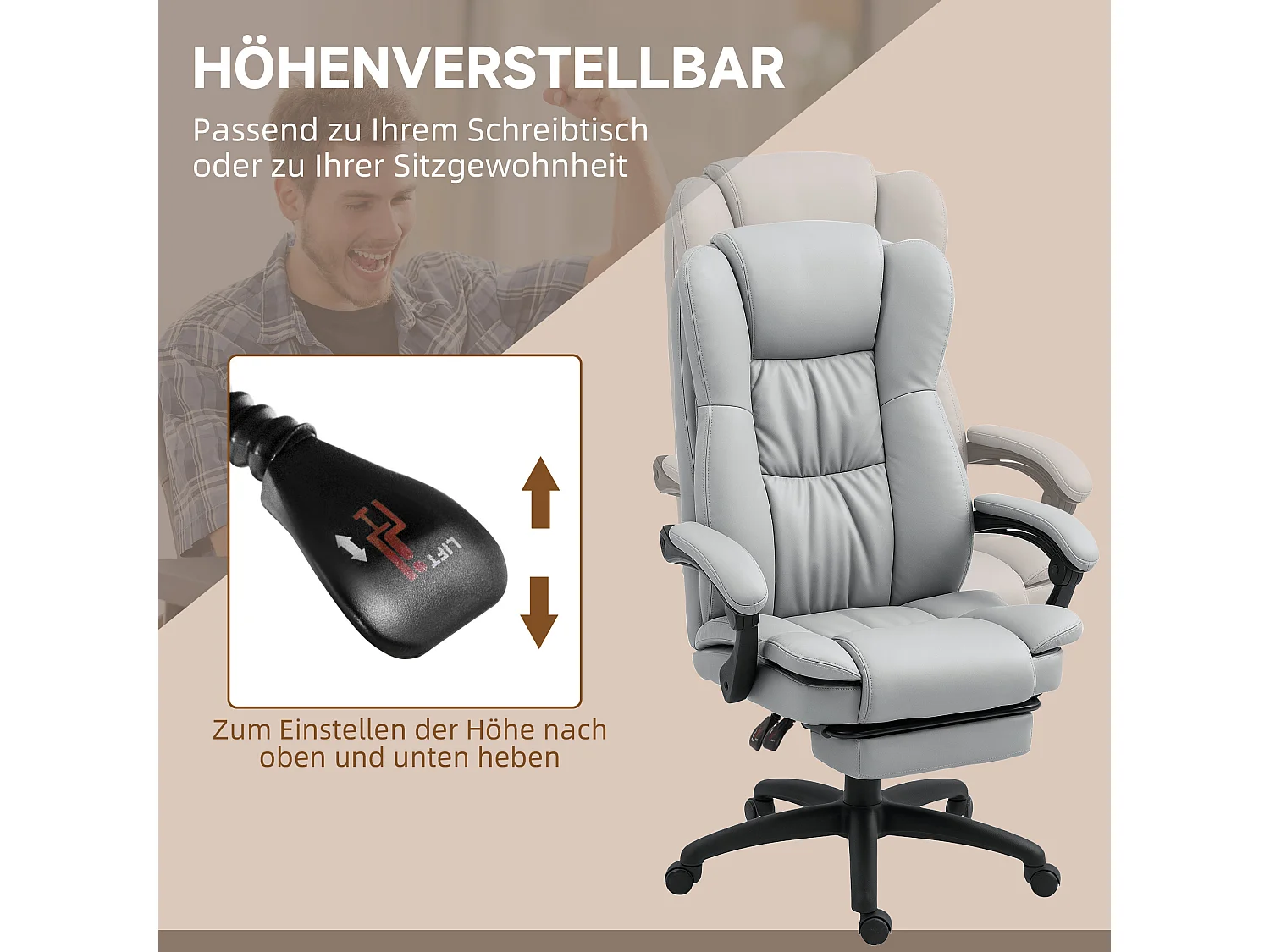 Fauteuil de bureau avec massage, fonction inclinable, réglable en hauteur, cuir synthétique, gris clair (68.5x68.5x121 cm)