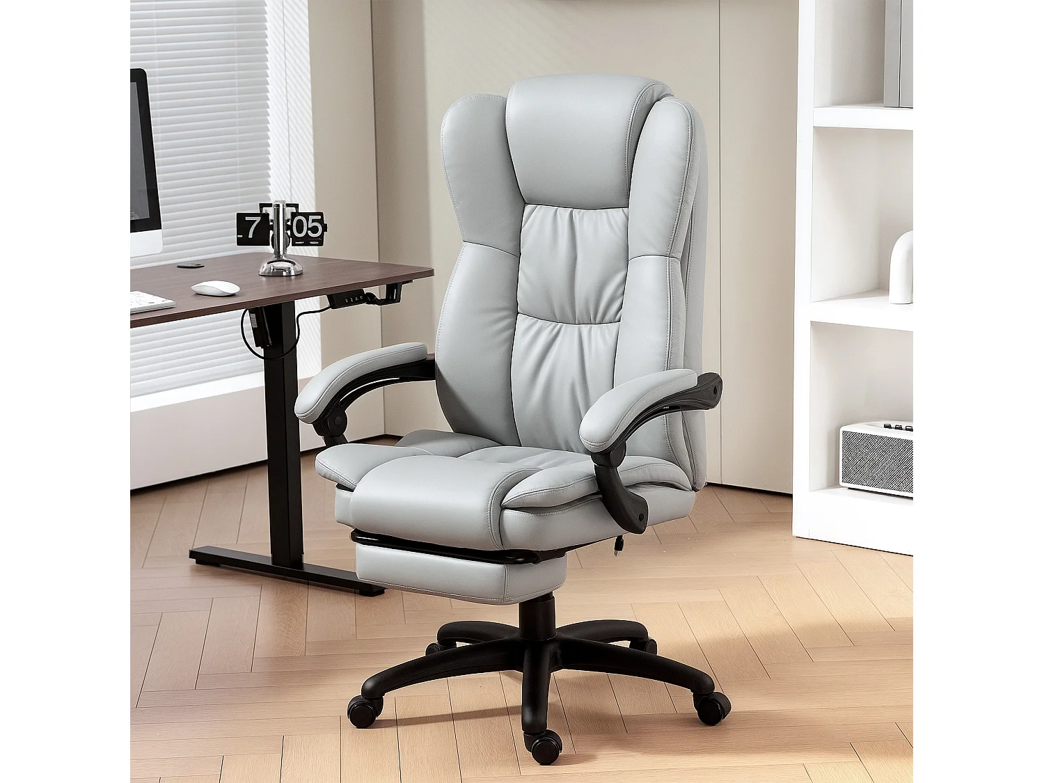 Fauteuil de bureau avec massage, fonction inclinable, réglable en hauteur, cuir synthétique, gris clair (68.5x68.5x121 cm)