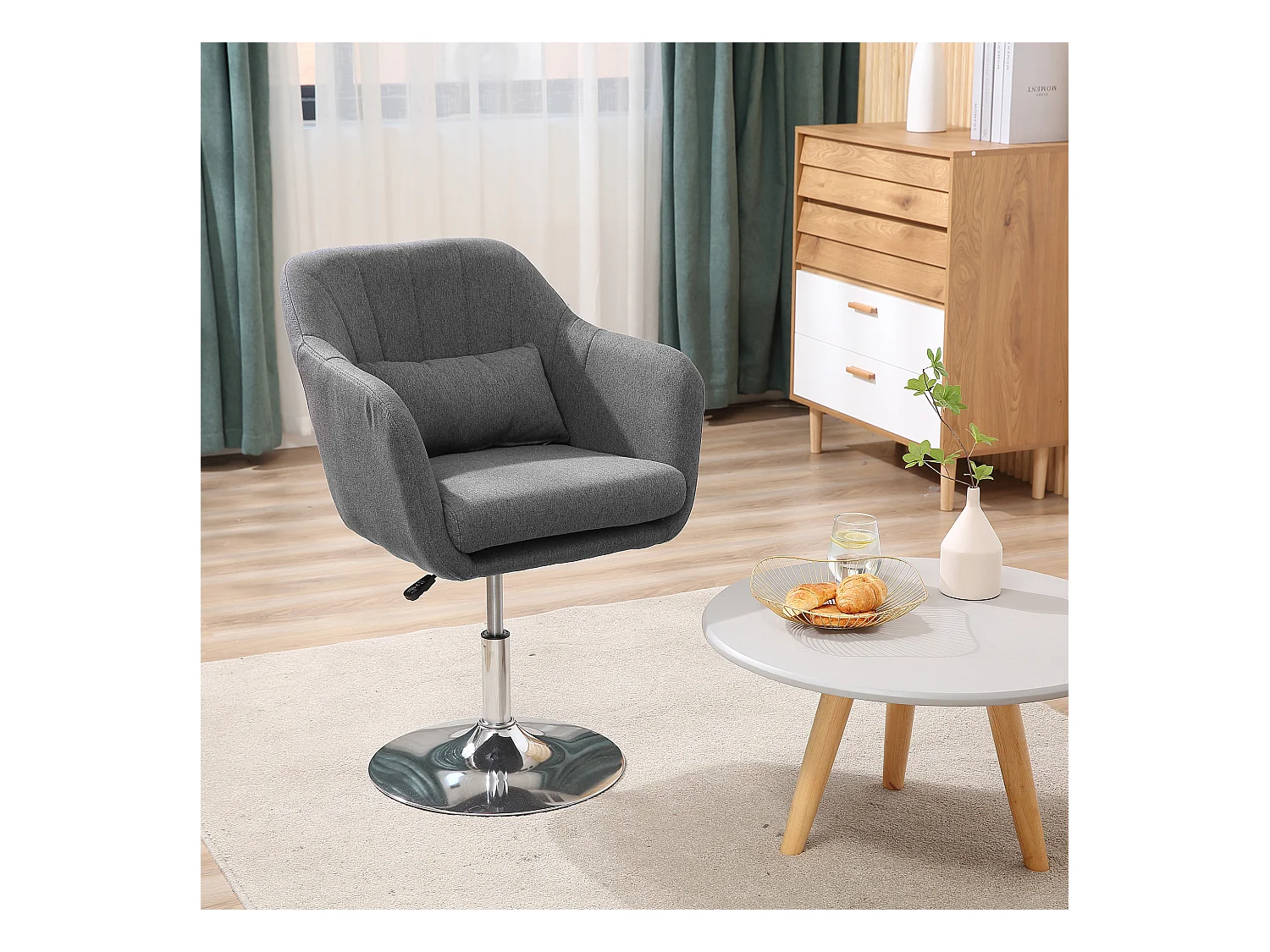 Tabouret de travail pivotant, fauteuil de bureau réglable en hauteur, polyester lin, métal, gris foncé (57x57x77.5-87 cm)