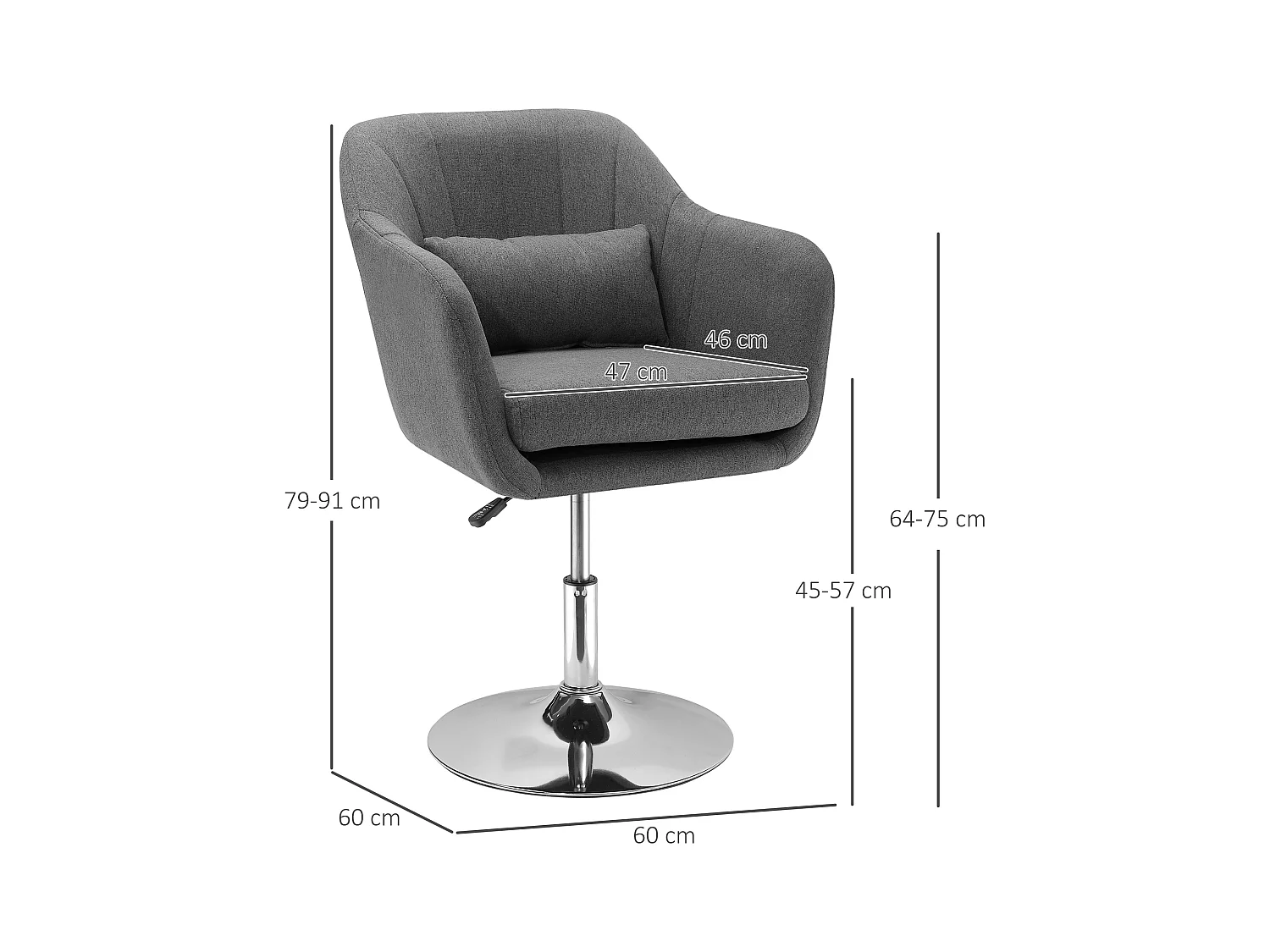 Tabouret de travail pivotant, fauteuil de bureau réglable en hauteur, polyester lin, métal, gris foncé (57x57x77.5-87 cm)