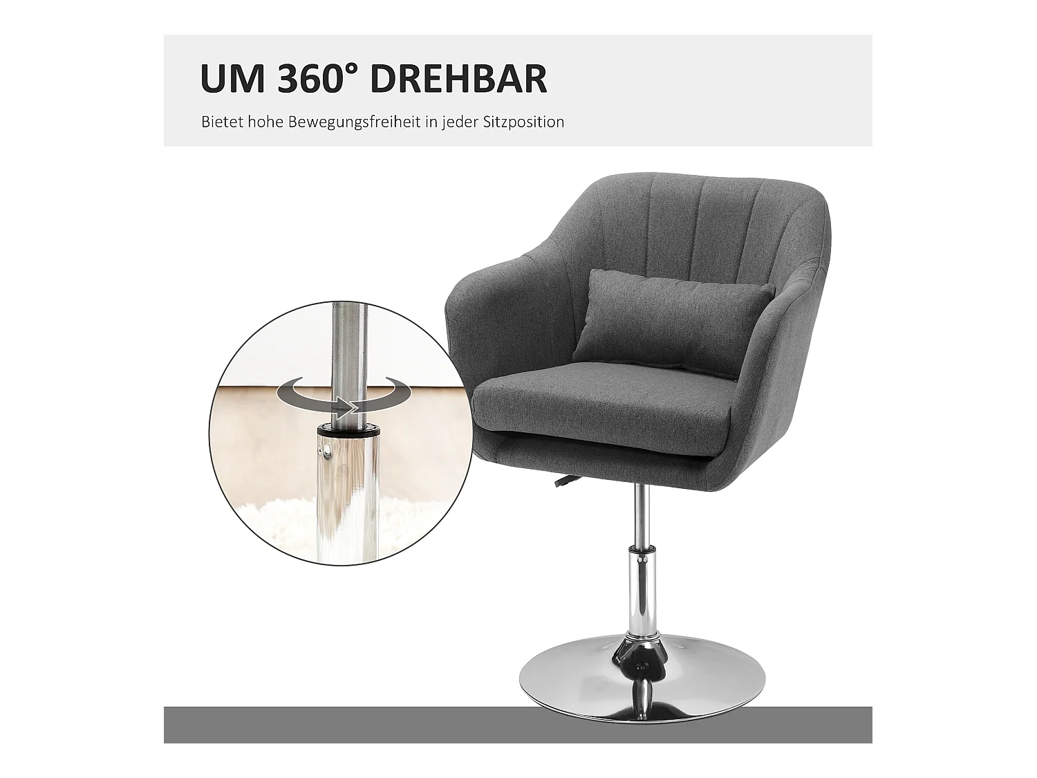 Tabouret de travail pivotant, fauteuil de bureau réglable en hauteur, polyester lin, métal, gris foncé (57x57x77.5-87 cm)