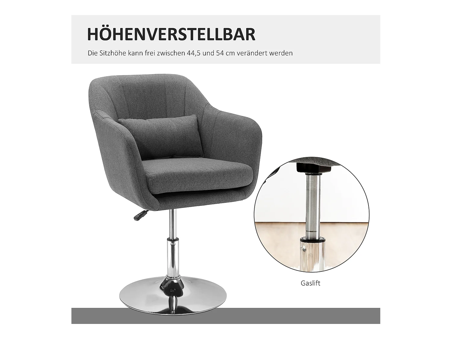 Tabouret de travail pivotant, fauteuil de bureau réglable en hauteur, polyester lin, métal, gris foncé (57x57x77.5-87 cm)