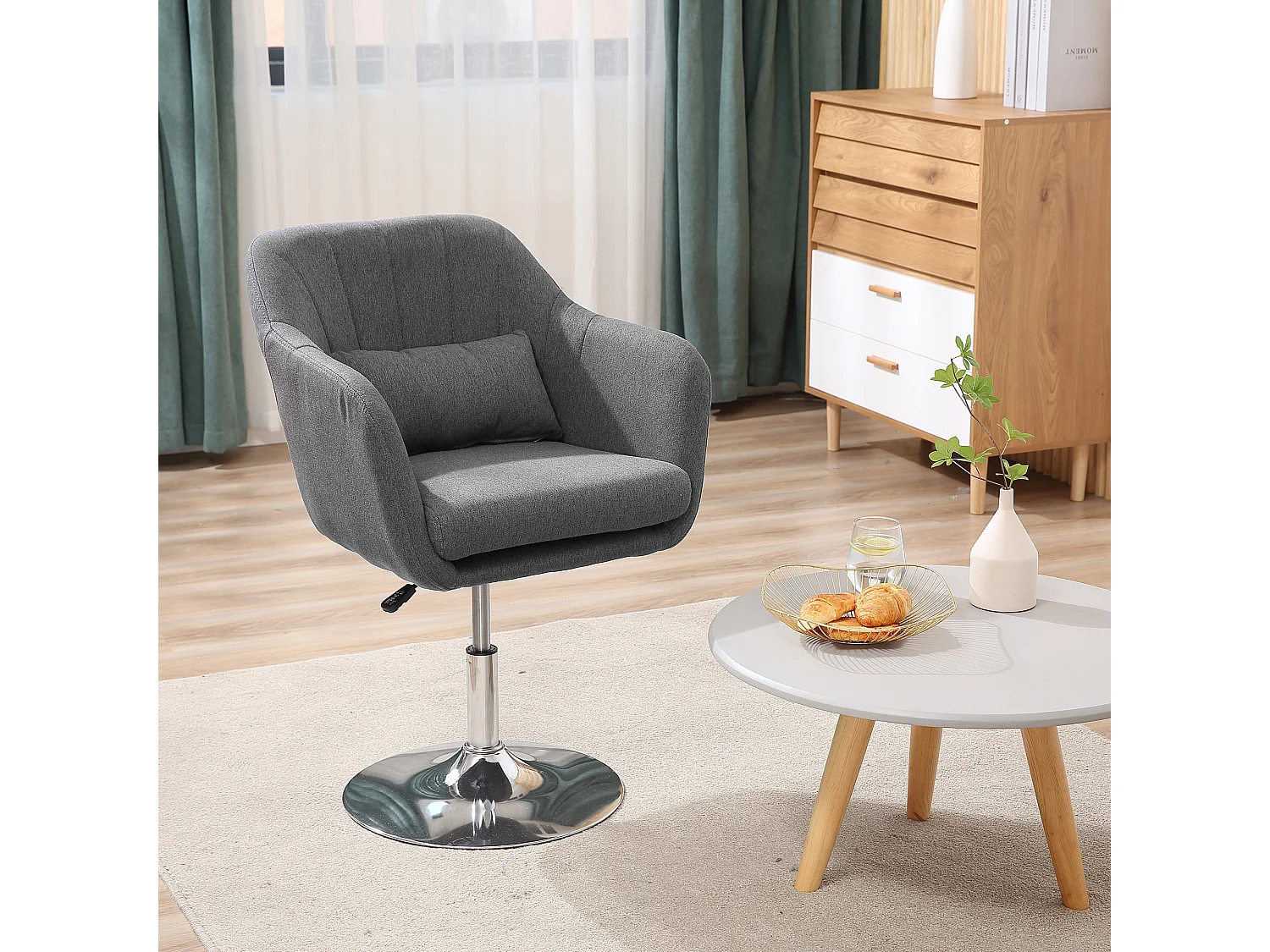 Tabouret de travail pivotant, fauteuil de bureau réglable en hauteur, polyester lin, métal, gris foncé (57x57x77.5-87 cm)