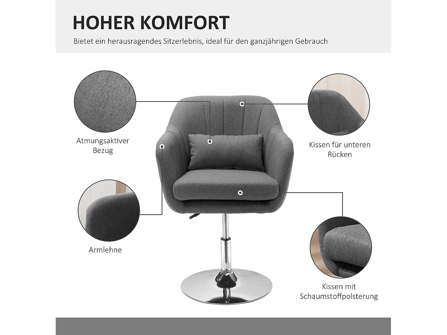 Tabouret de travail pivotant, fauteuil de bureau réglable en hauteur, polyester lin, métal, gris foncé (57x57x77.5-87 cm)